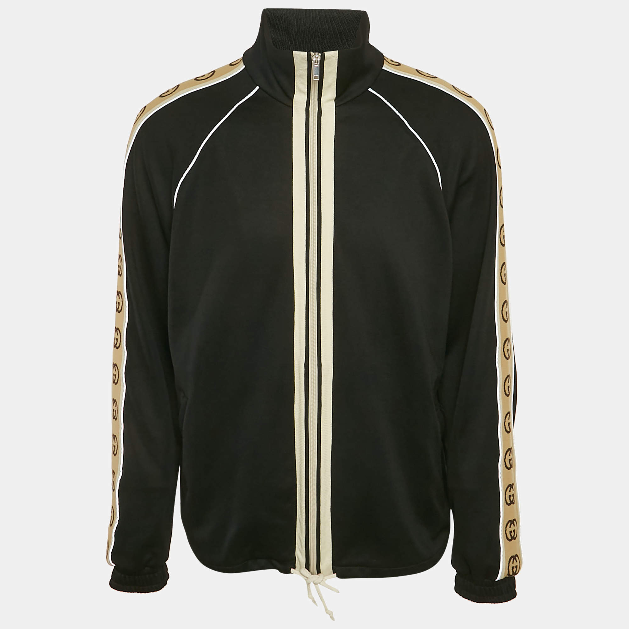 Pre Owned Gucci Black GG Band Trim Jersey Zip-Up Jacket L
