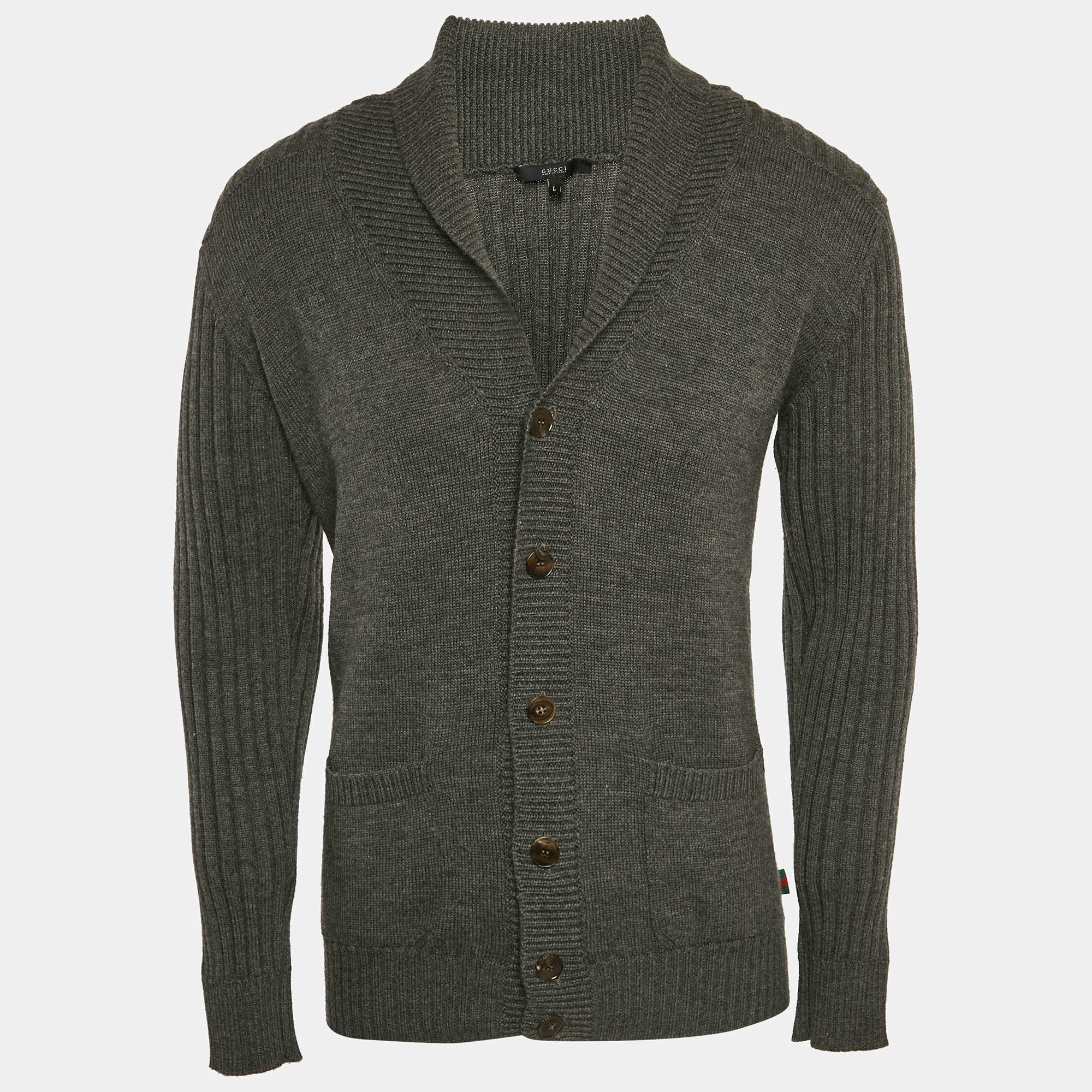 Pre Owned Gucci Grey Rib Knit Wool Knit Cardigan L