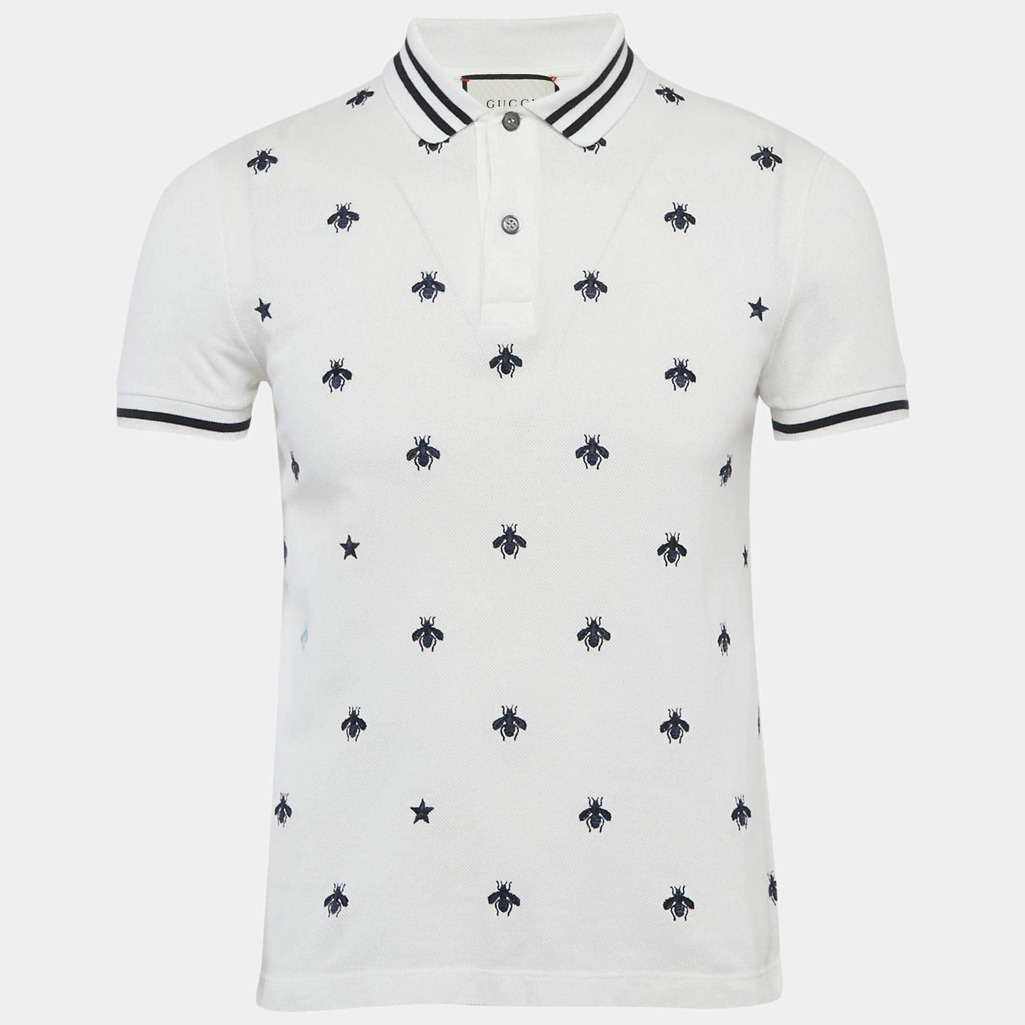 Gucci White Cotton Pique Bee Embroidered Polo T-Shirt XS