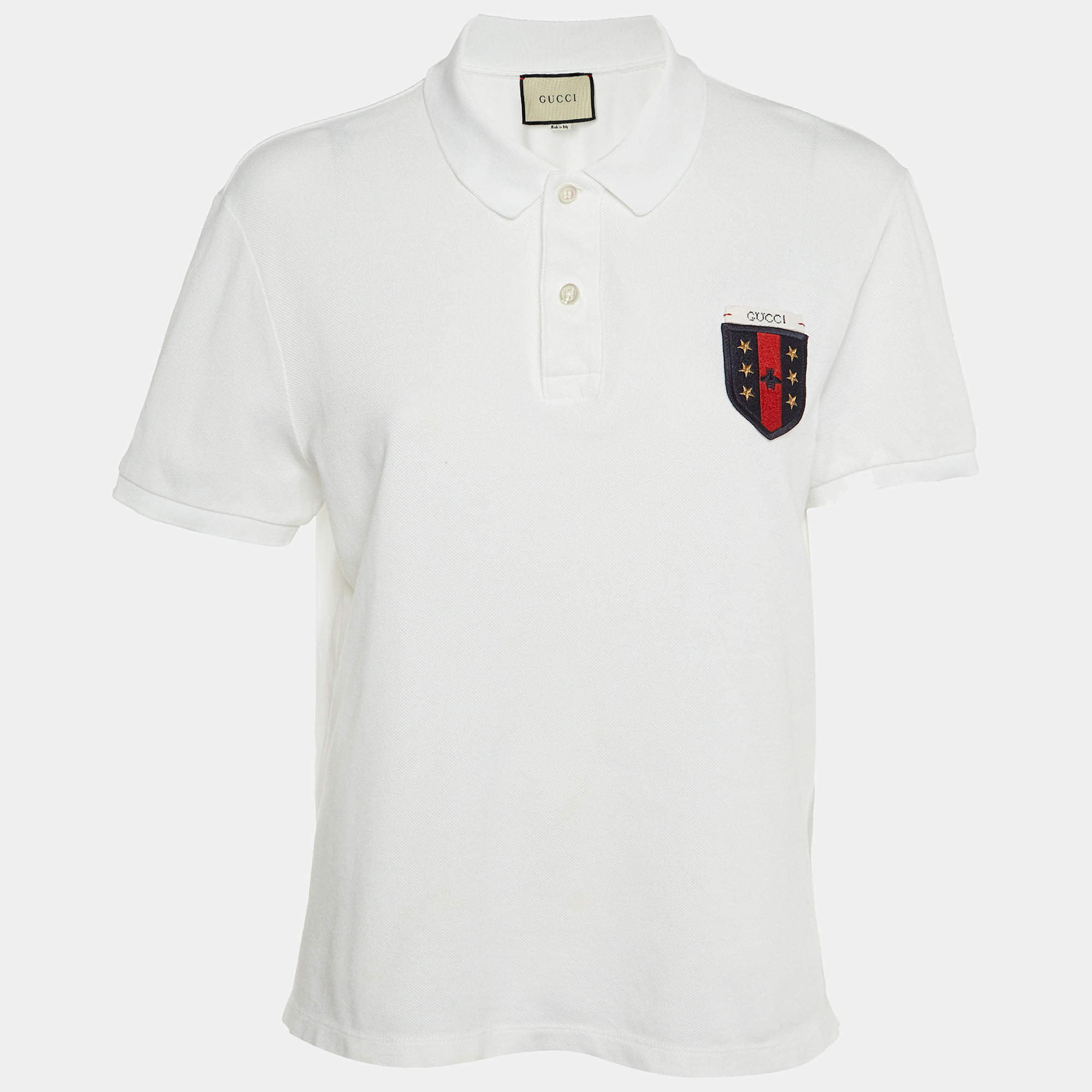 Pre Owned Gucci White Cotton Pique Logo Patch Detail Polo T-Shirt L