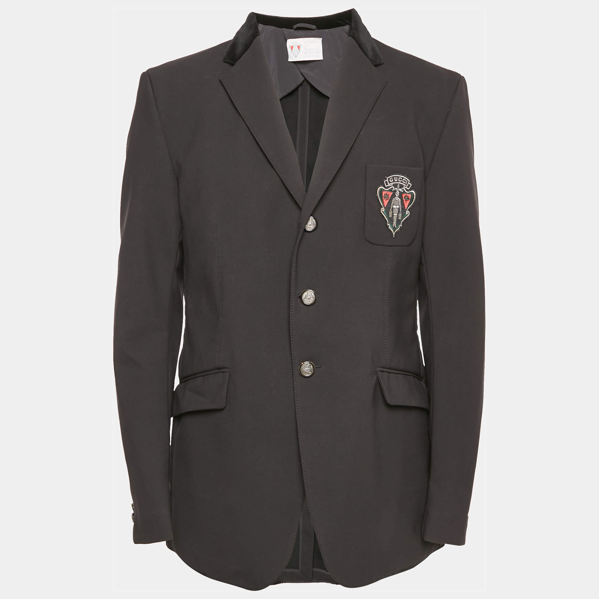Gucci Black Velvet Collar Technical Crepe Detail Logo Embroidered Blazer XL