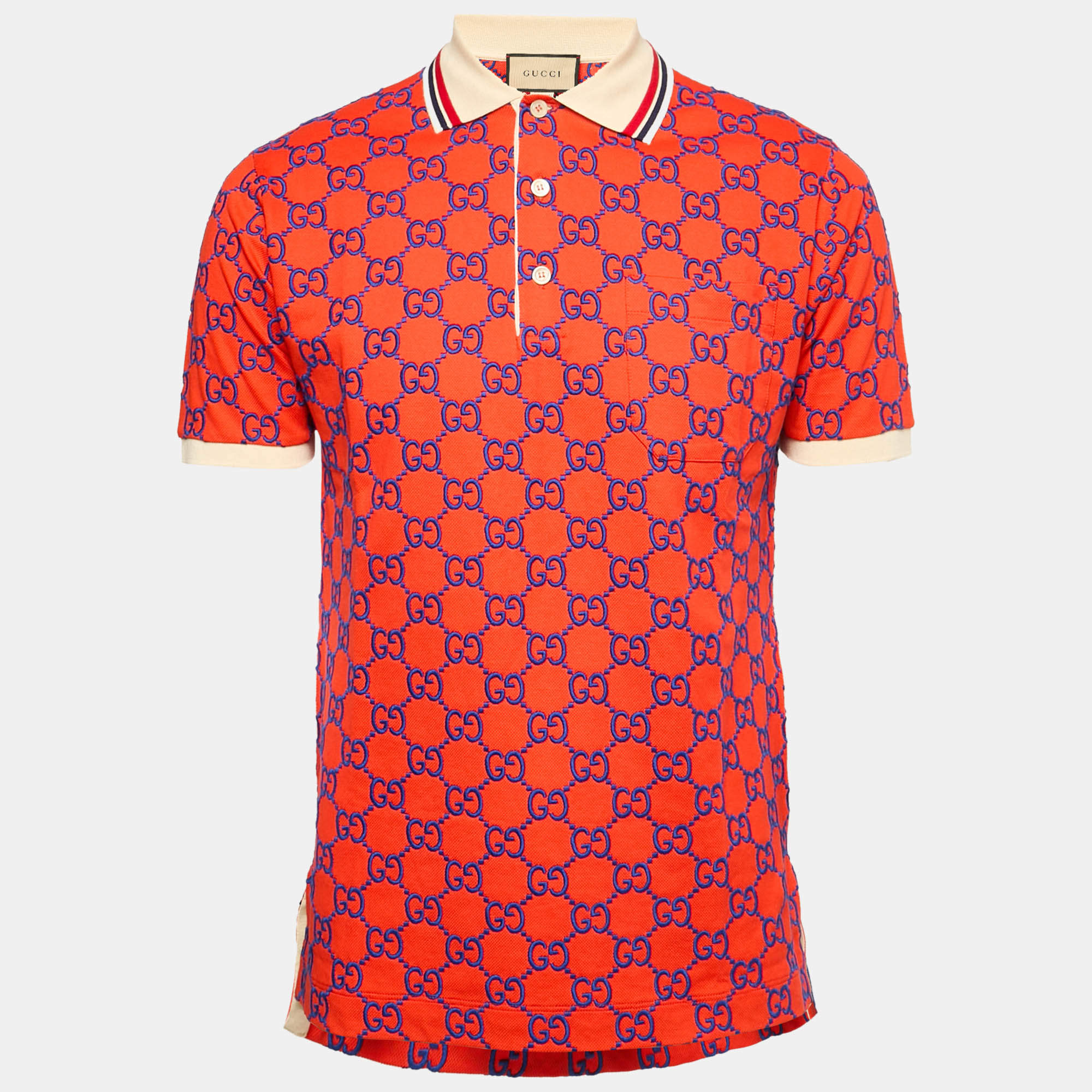 Pre Owned Gucci Red GG Supreme Embroidery Cotton Pique Polo T-Shirt XS