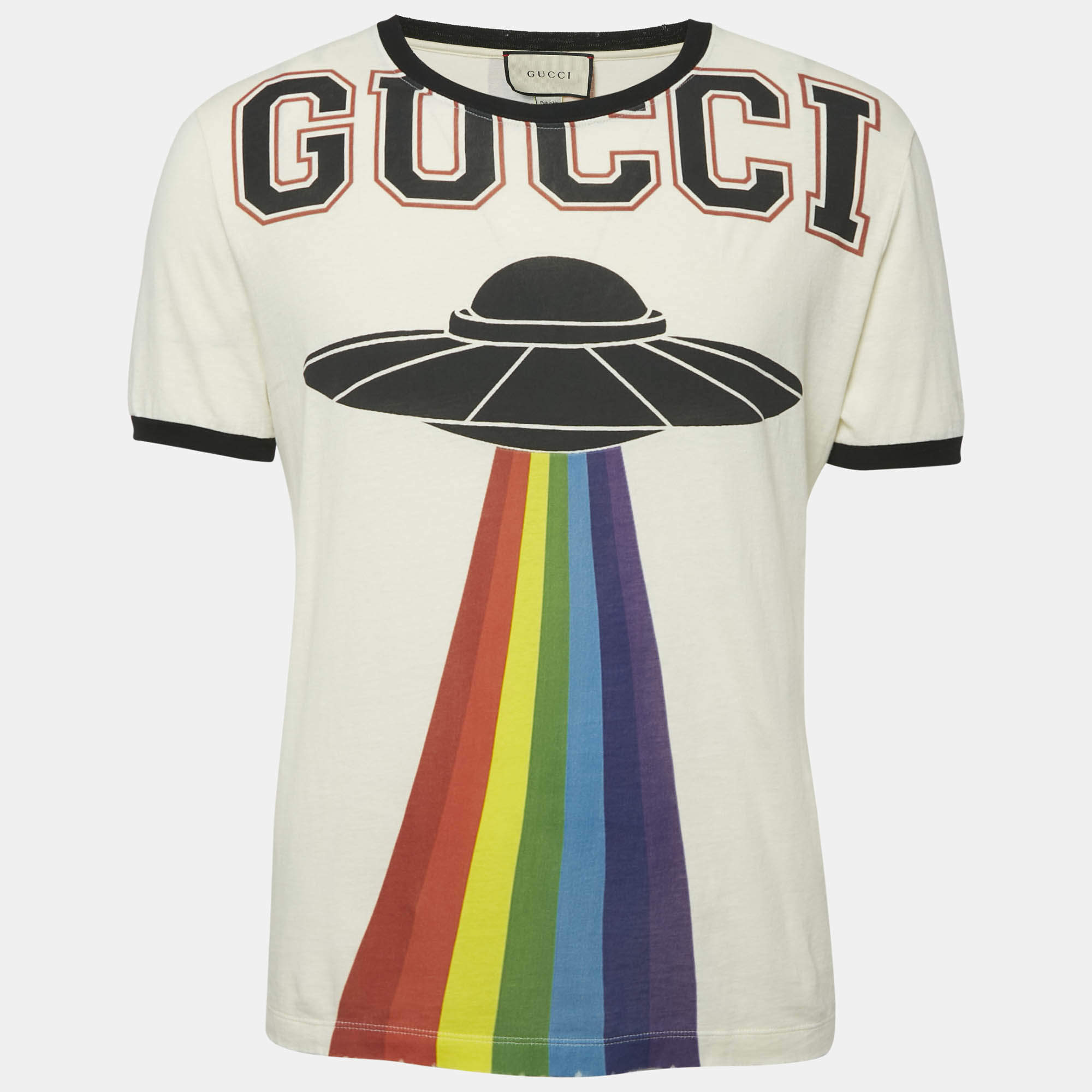 Gucci Cream UFO Print Cotton Distressed Crew Neck T-Shirt S