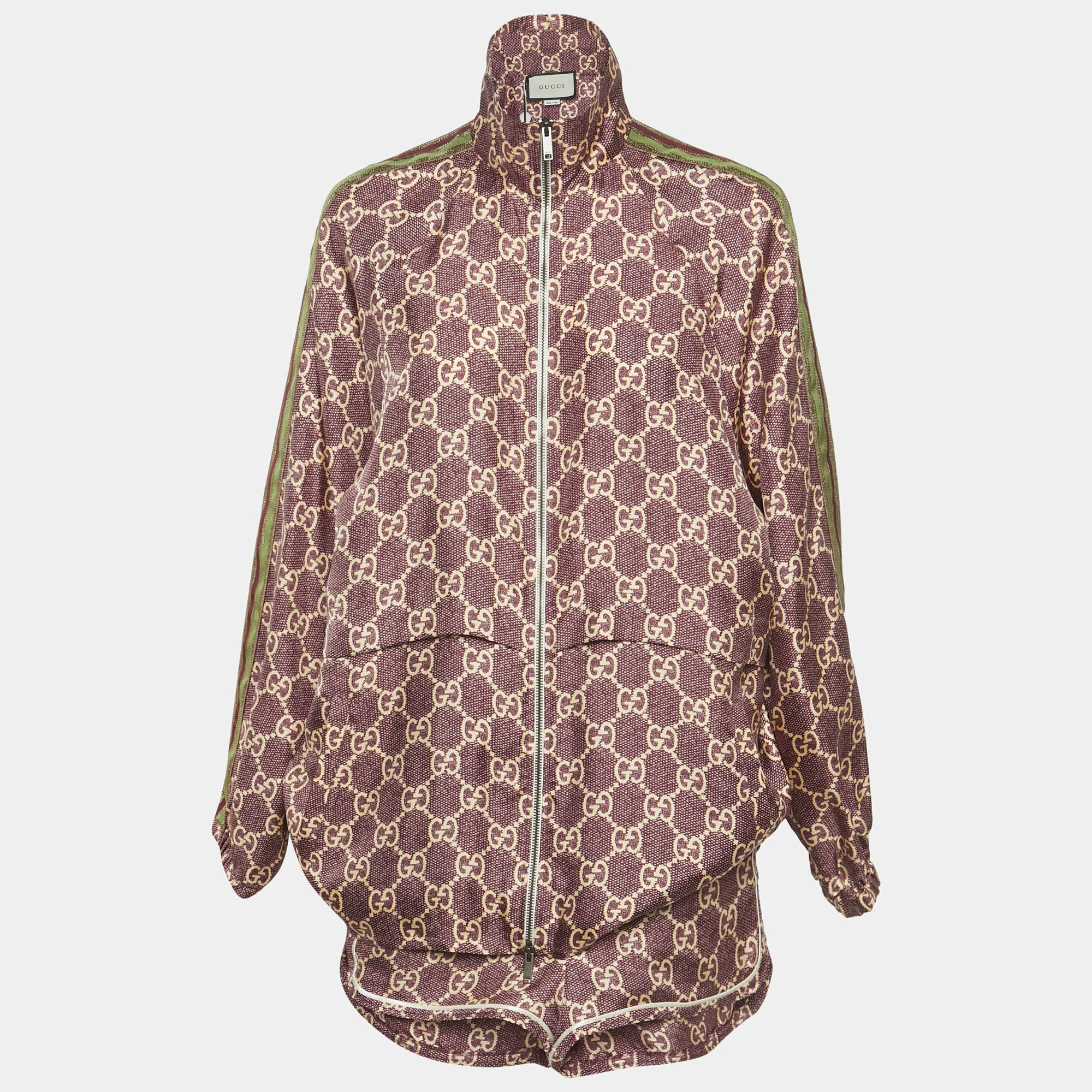 Pre Owned Gucci Burgundy GG Supreme Print Silk Jacket and Shorts Set S/XXXS