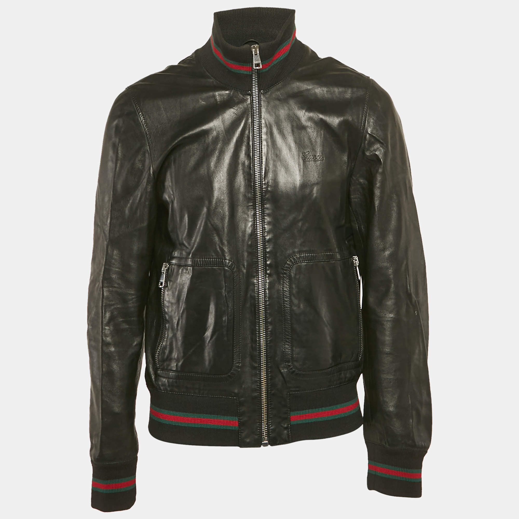 Gucci Black Leather Bomber Jacket XL