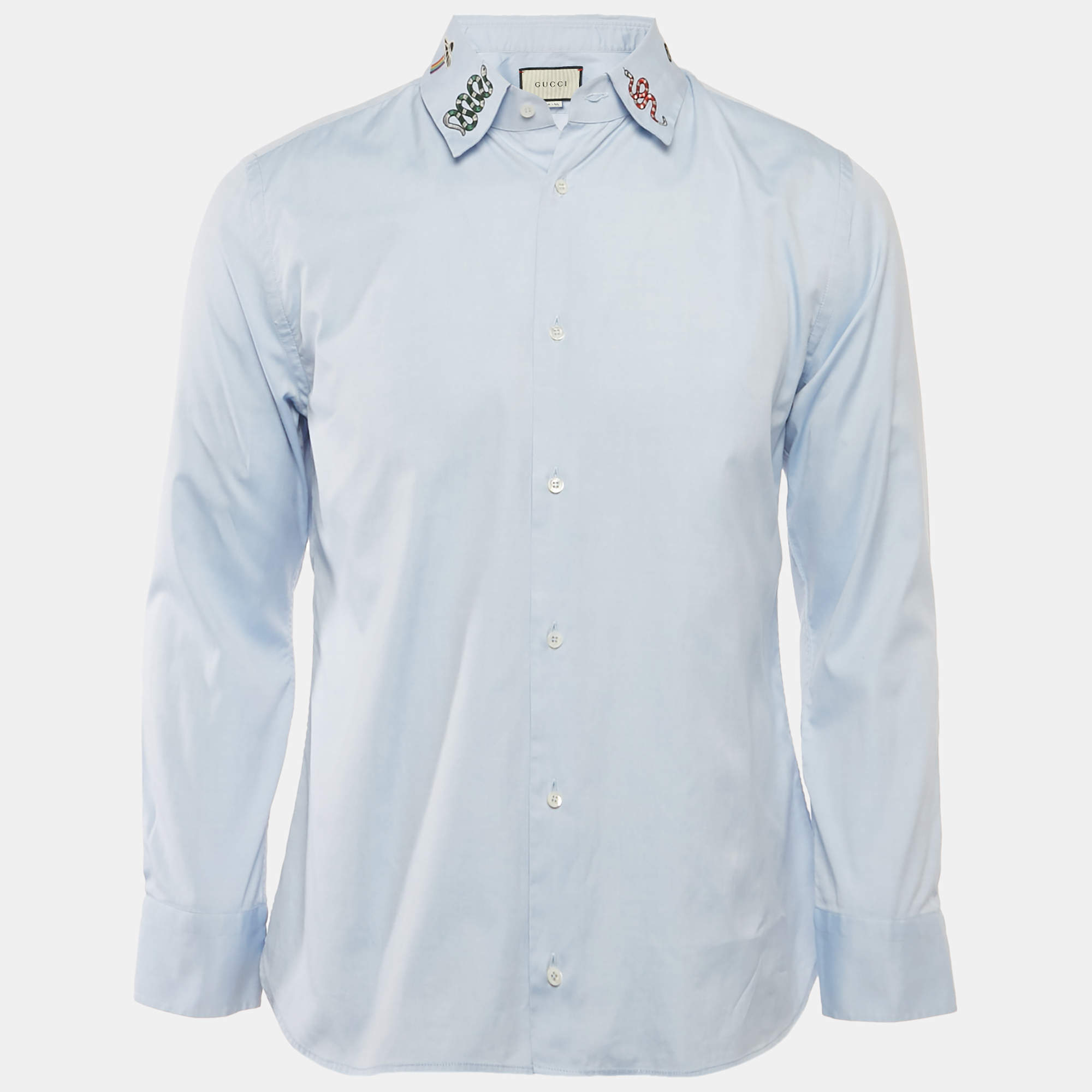 Gucci Blue Snake Embroidered Collar Cotton Duke Shirt S