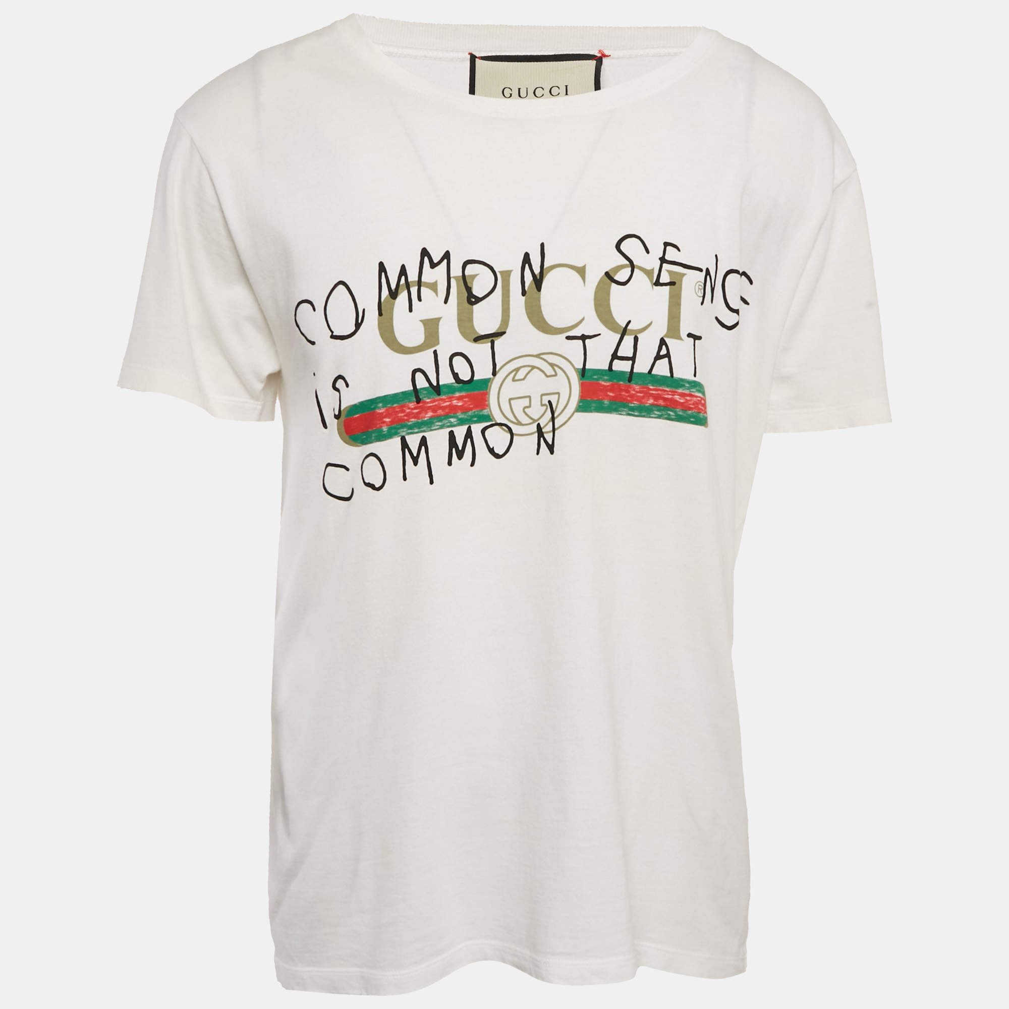 Pre Owned Gucci White Vintage Logo Print Jersey Distressed T-Shirt M