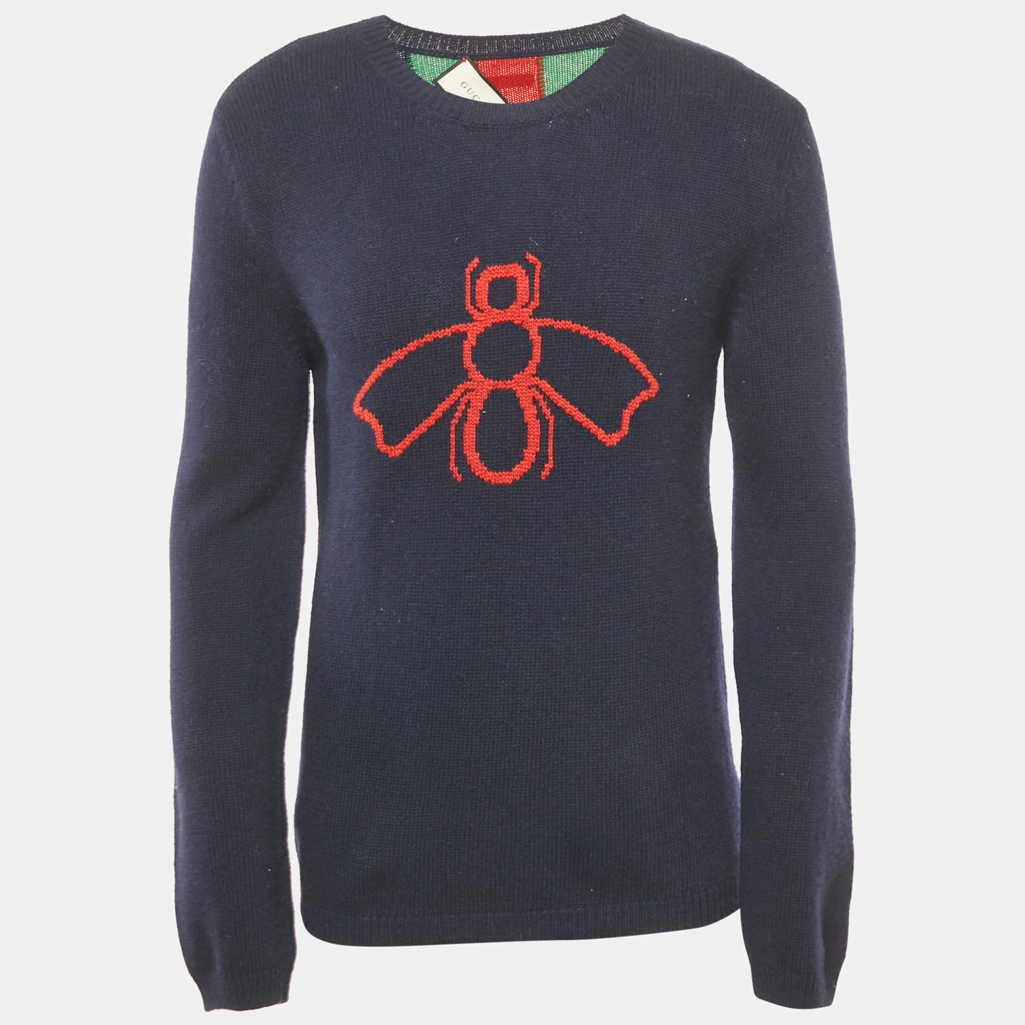 Gucci Navy Blue Bee Web Stripes Wool Sweater M
