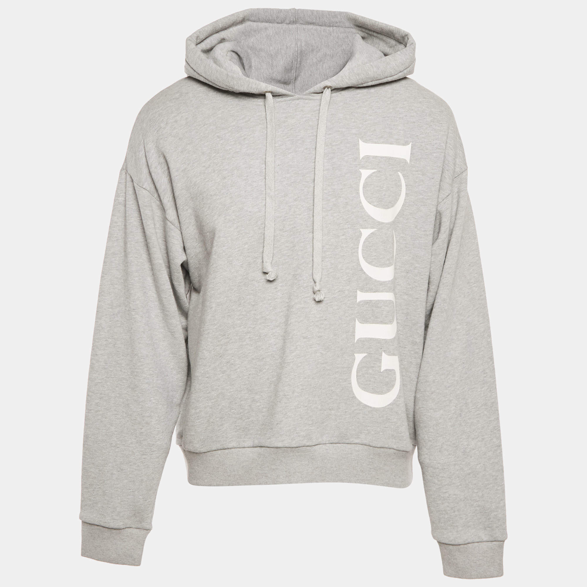 Pre Owned Gucci Grey Logo Print Cotton Hooded Sweatshirt M