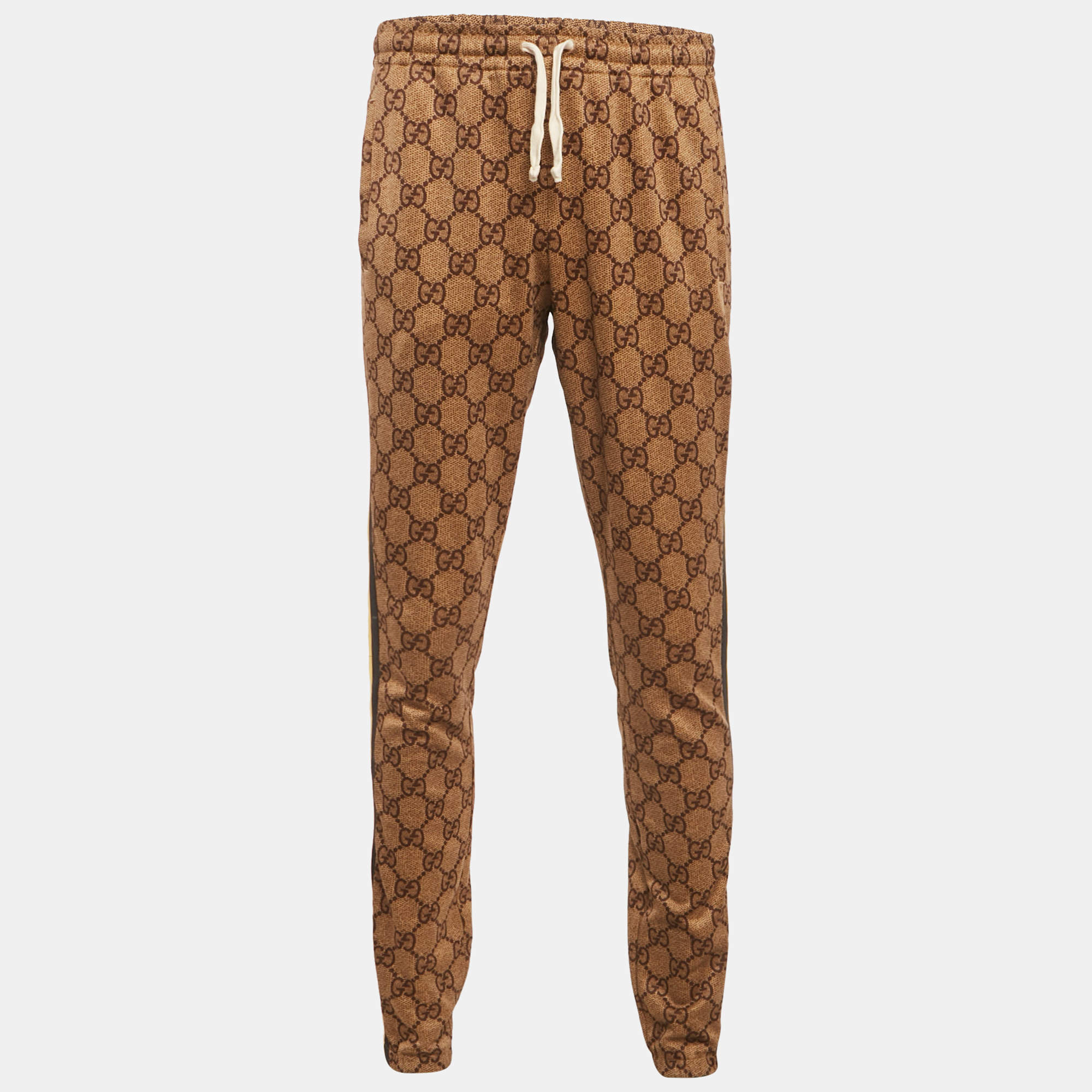 Pre Owned Gucci Brown GG Print Jersey Contrast Trimmed Jogger Pants L