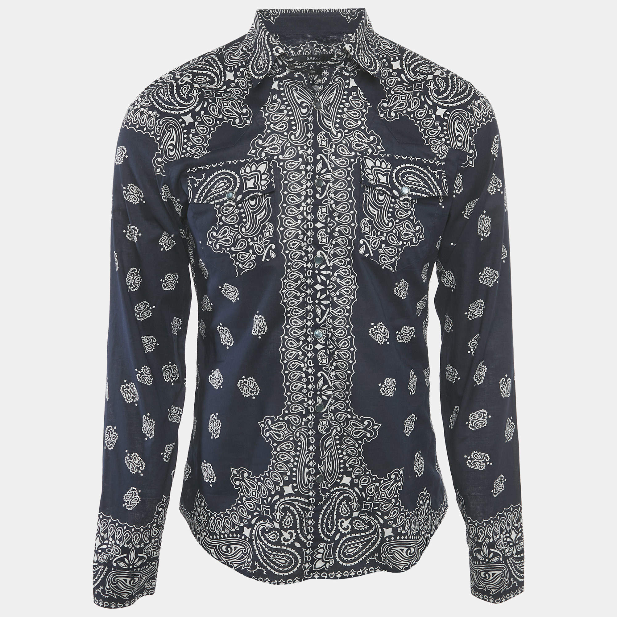 Pre Owned Gucci Navy Blue Bandana Print Cotton Shirt M