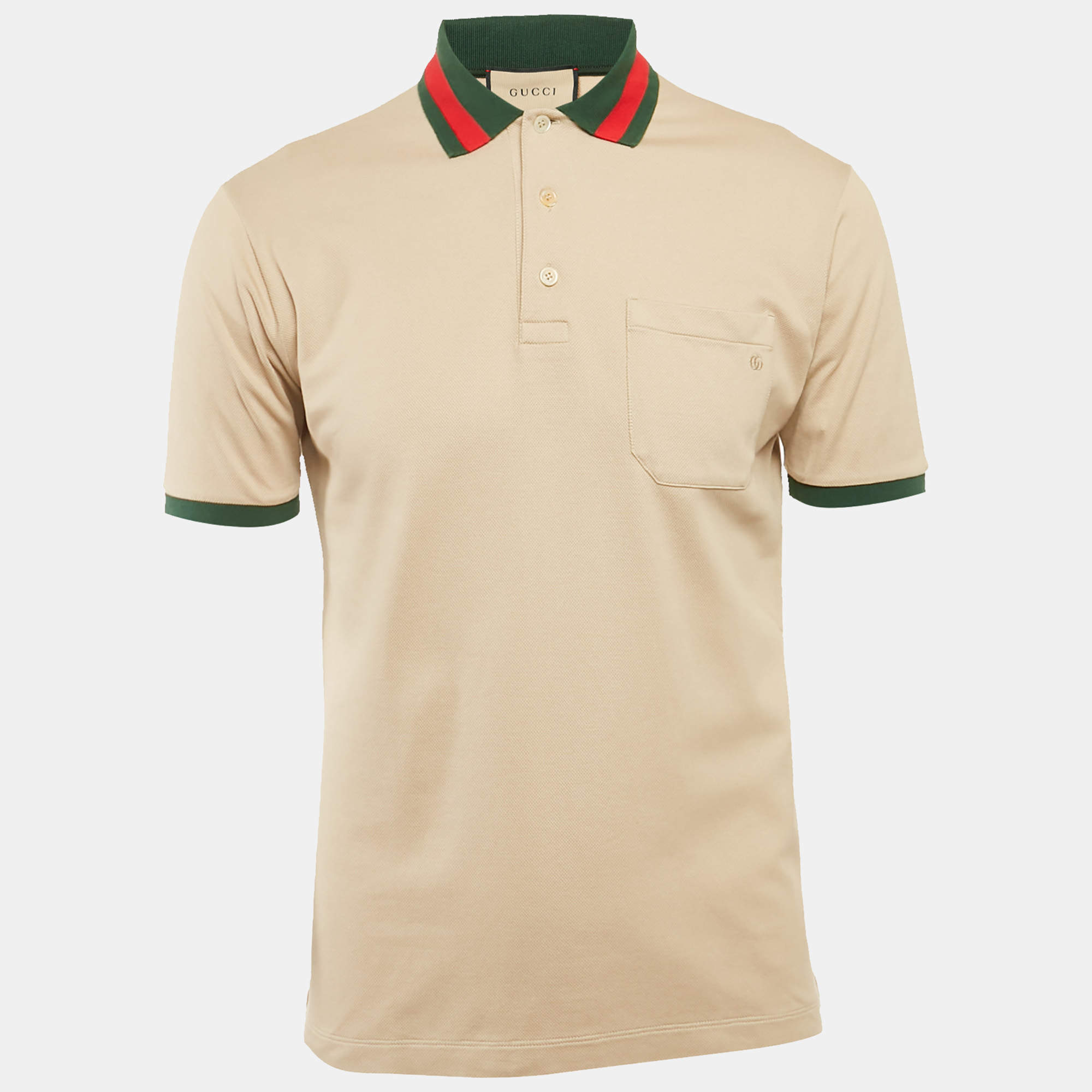 Gucci Beige Web Collar Cotton Piquet Polo T-Shirt XS