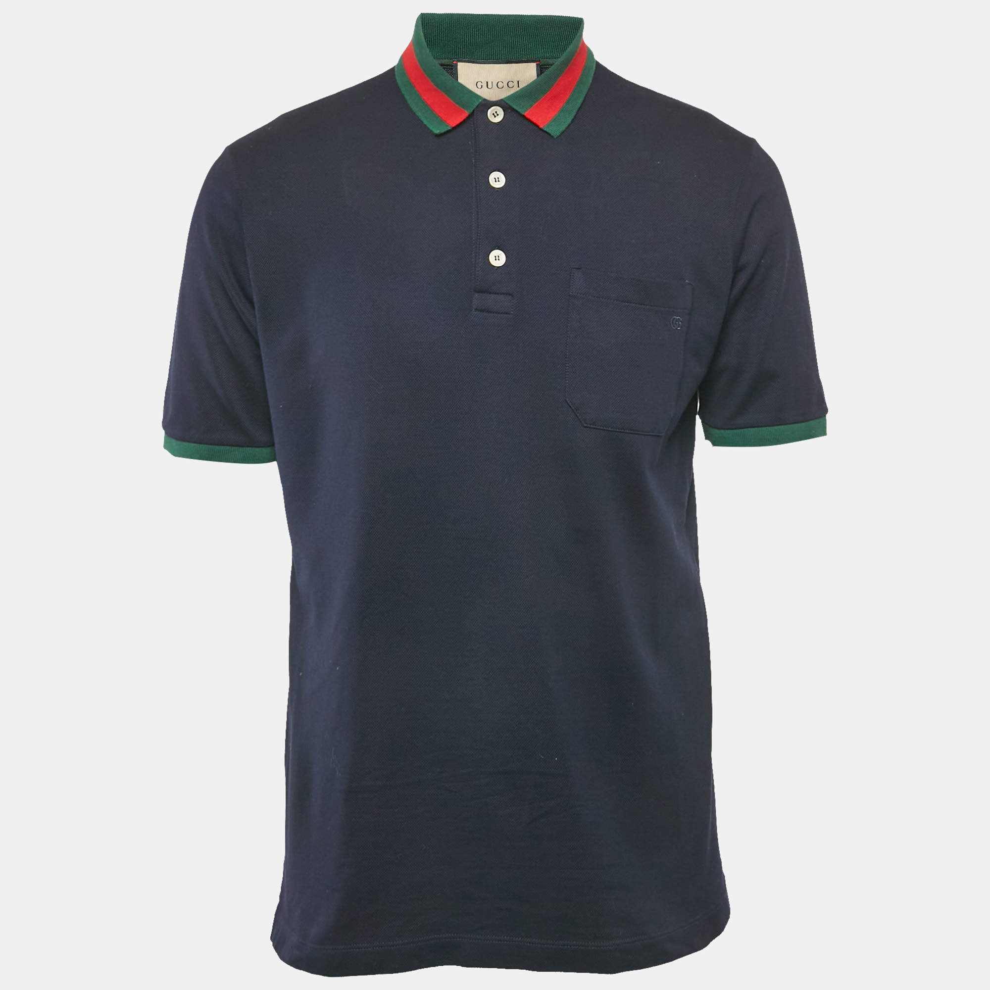 Pre Owned Gucci Navy Blue Web Collar Cotton Pique Polo T-Shirt S