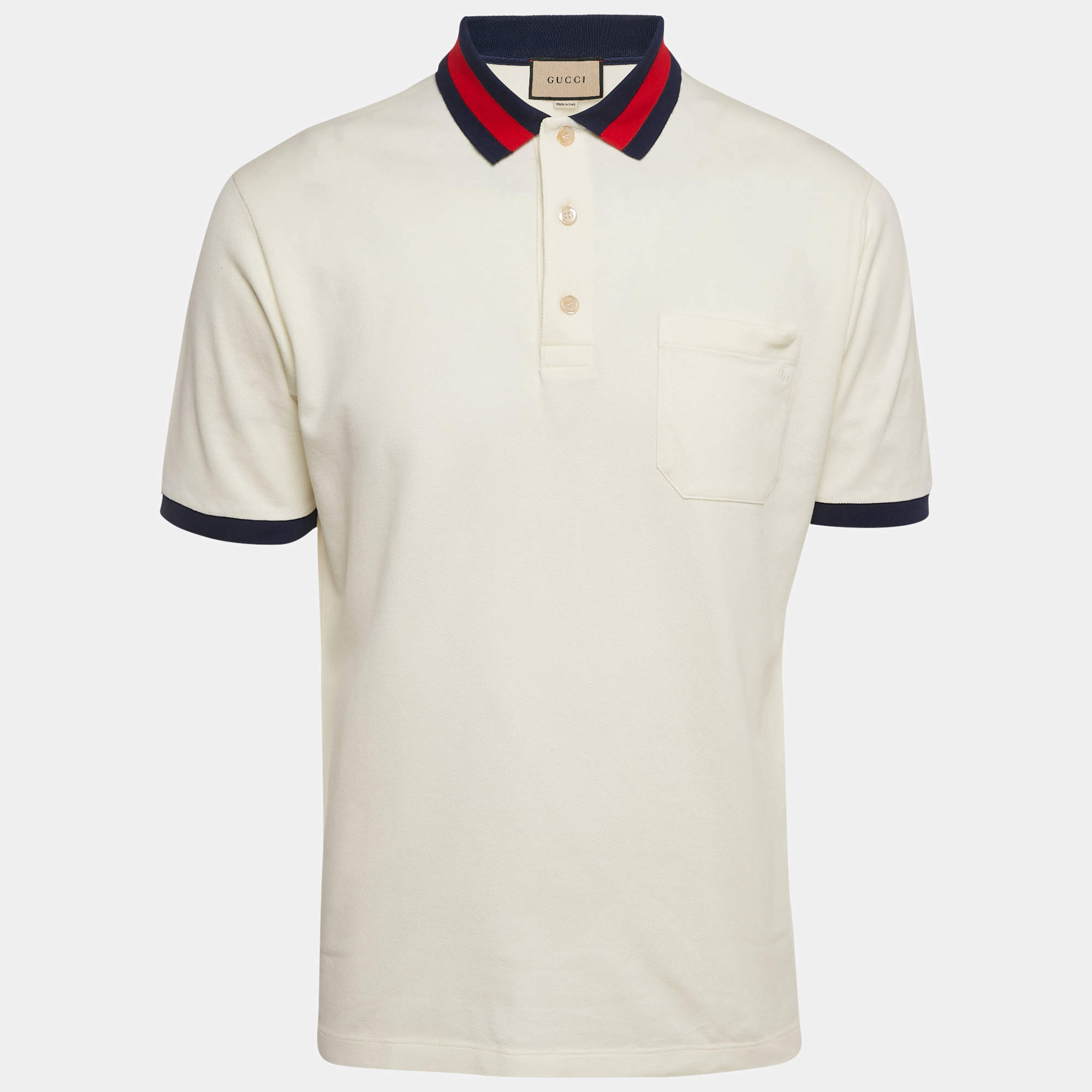 Pre Owned Gucci Cream GG Web Collar Pique Cotton Polo T-Shirt S