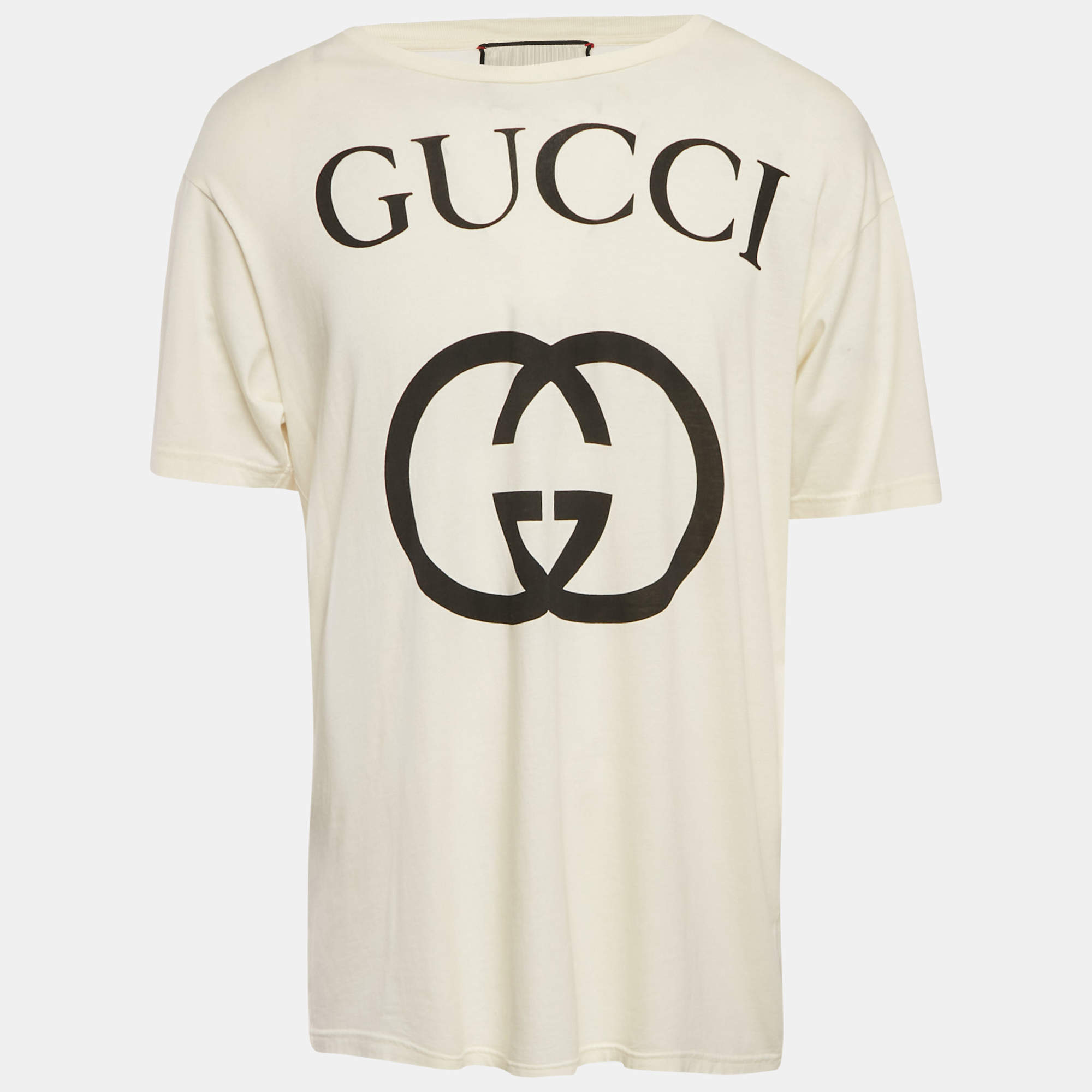 Pre Owned Gucci Cream Logo Print Cotton Oversized Crewneck T-Shirt XS