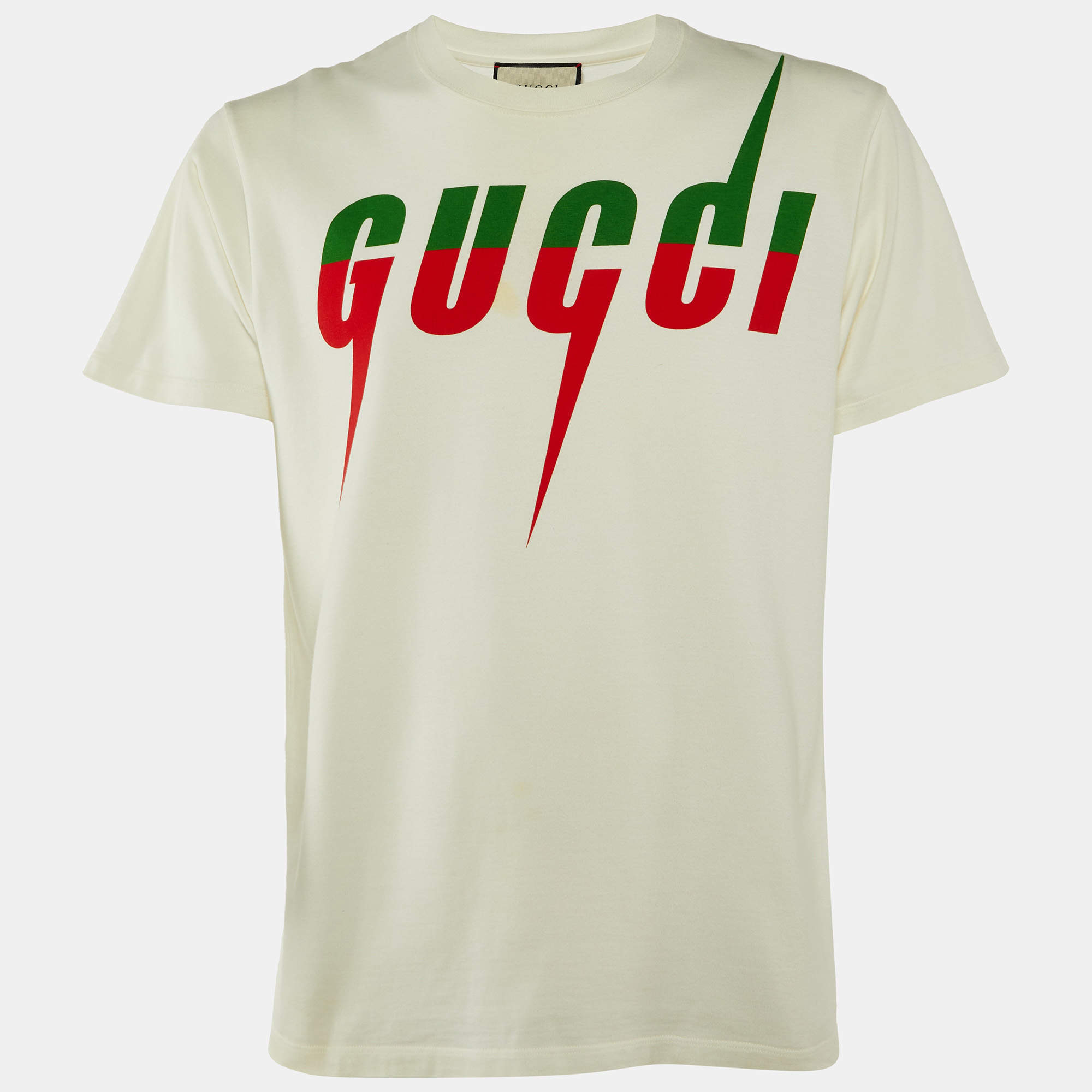 Pre Owned تي شيرت غوتشي قطن مطبوع بطبقات شعار بليد ثلاثي الألوان ياقة دائرية مقاس صغير (اكس سمول)