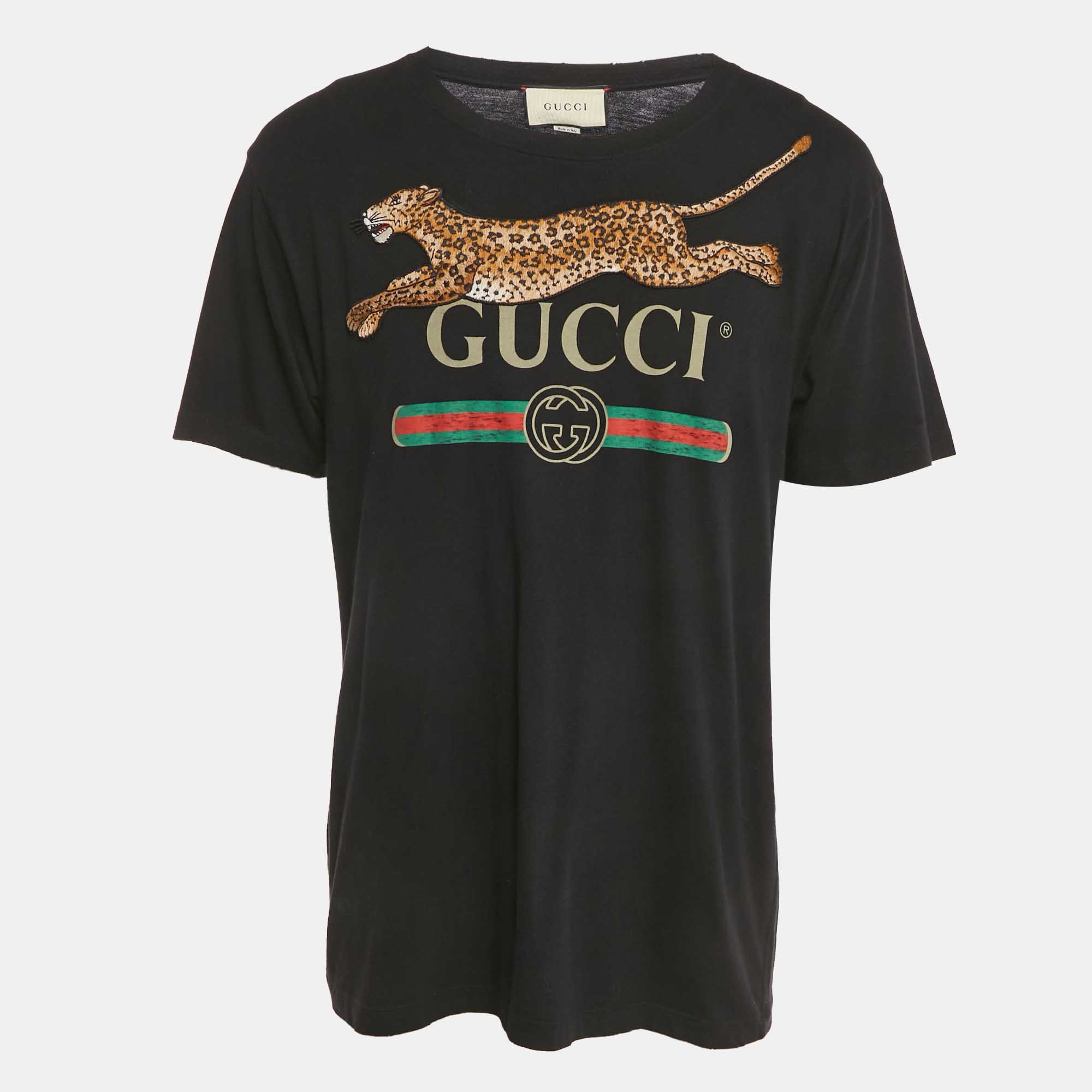 Pre Owned Gucci Black Logo Print Cotton Leopard Patch Detail Distressed T-Shirt M