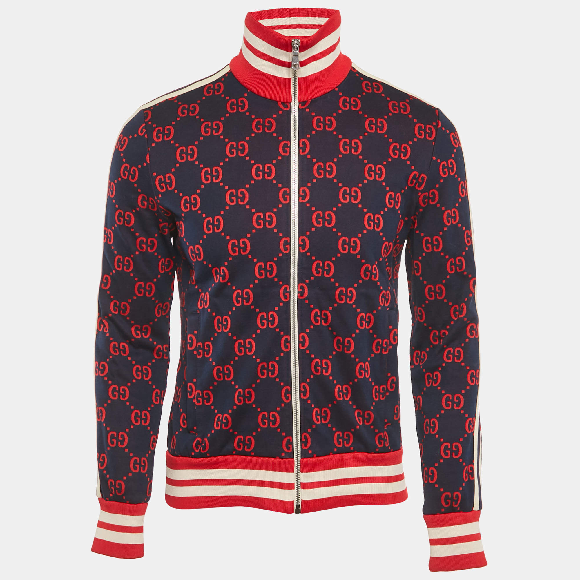 Pre Owned Gucci Navy Blue GG Jacquard Cotton Knit Zip-Up Jacket S