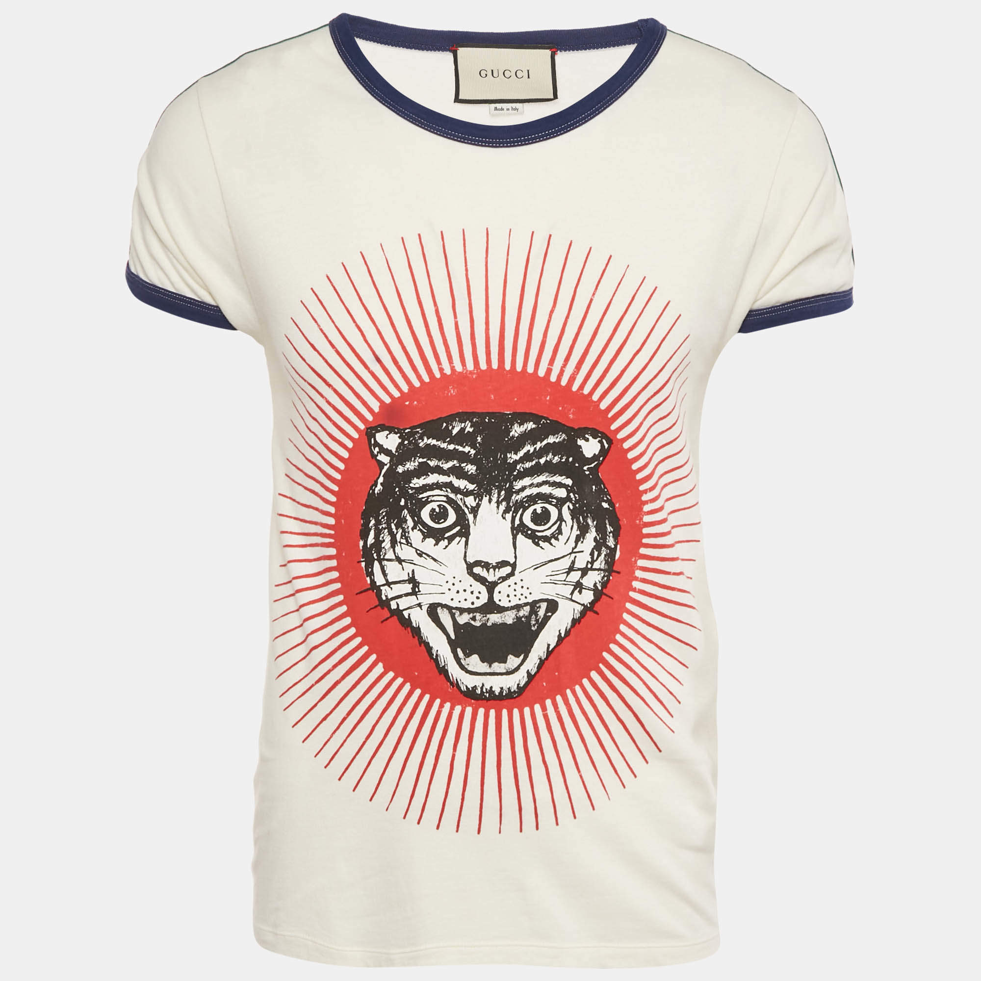 Pre Owned Gucci Cream Tiger Print Jersey Web Trim T-Shirt S