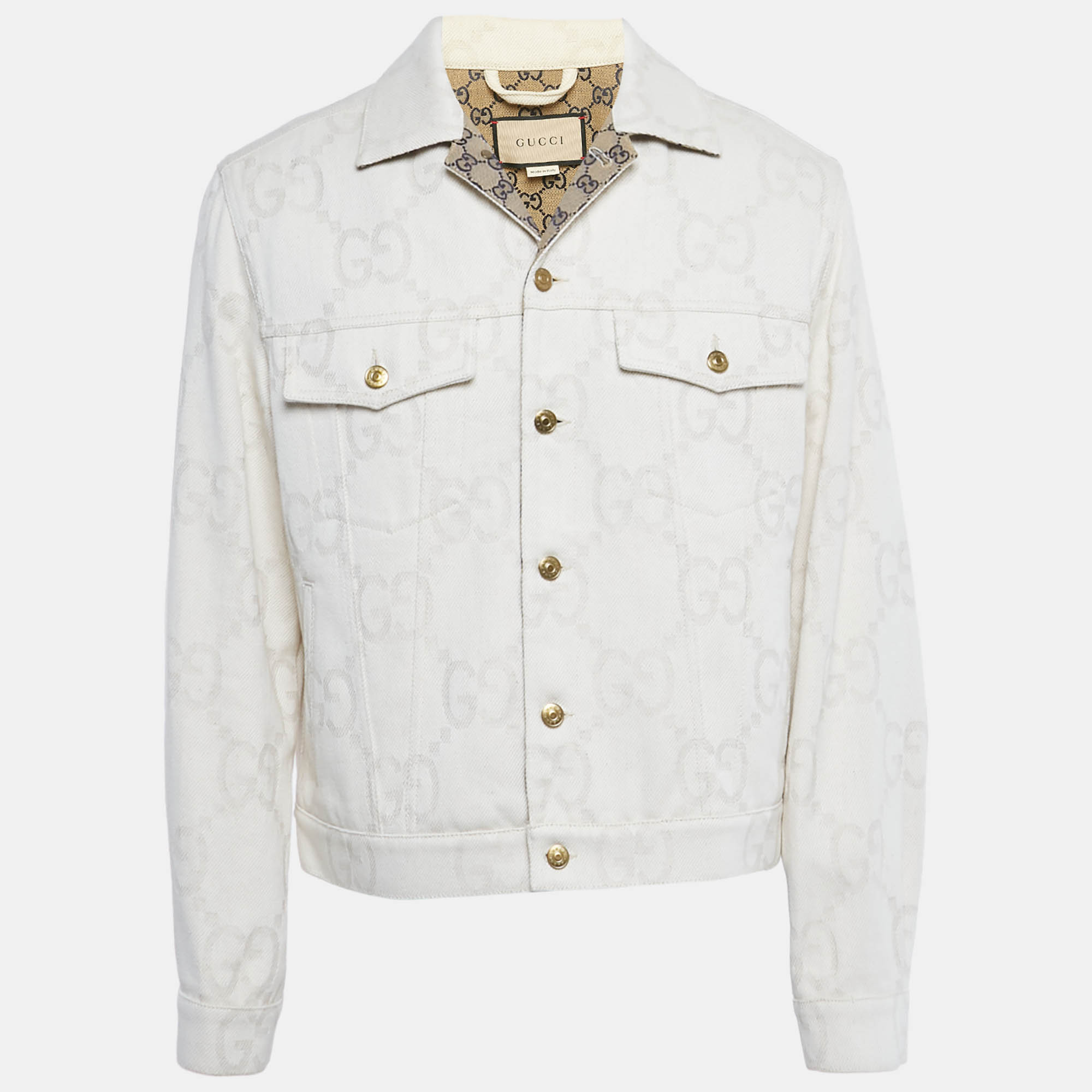 Pre Owned Gucci Ivory Maxi GG Denim Button Front Jacket M