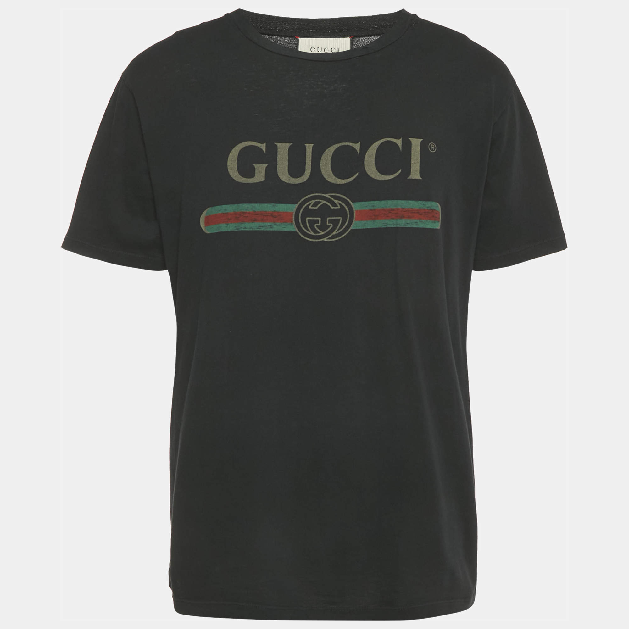 مملوكة مسبقًا تي شيرت غوتشي قطن أسود بطبعة شعار متضررة برقبة مستديرة مقاس صغير - سمول