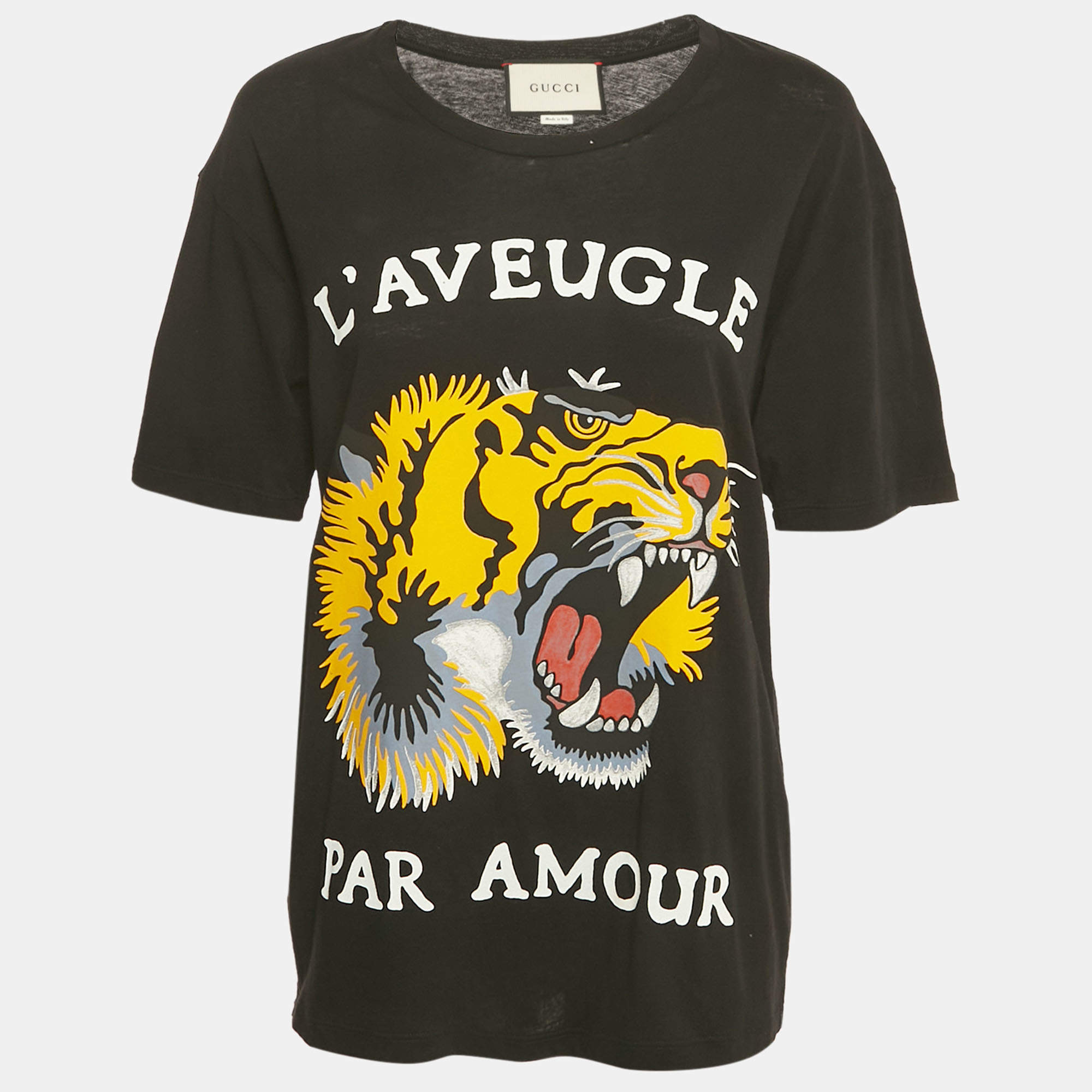 مملوكة مسبقًا تي شيرت غوتشي لوفوغلي بار أمور أسود طباعة نمر قطن ممزق مقاس صغير جدًا (إكس سمول)