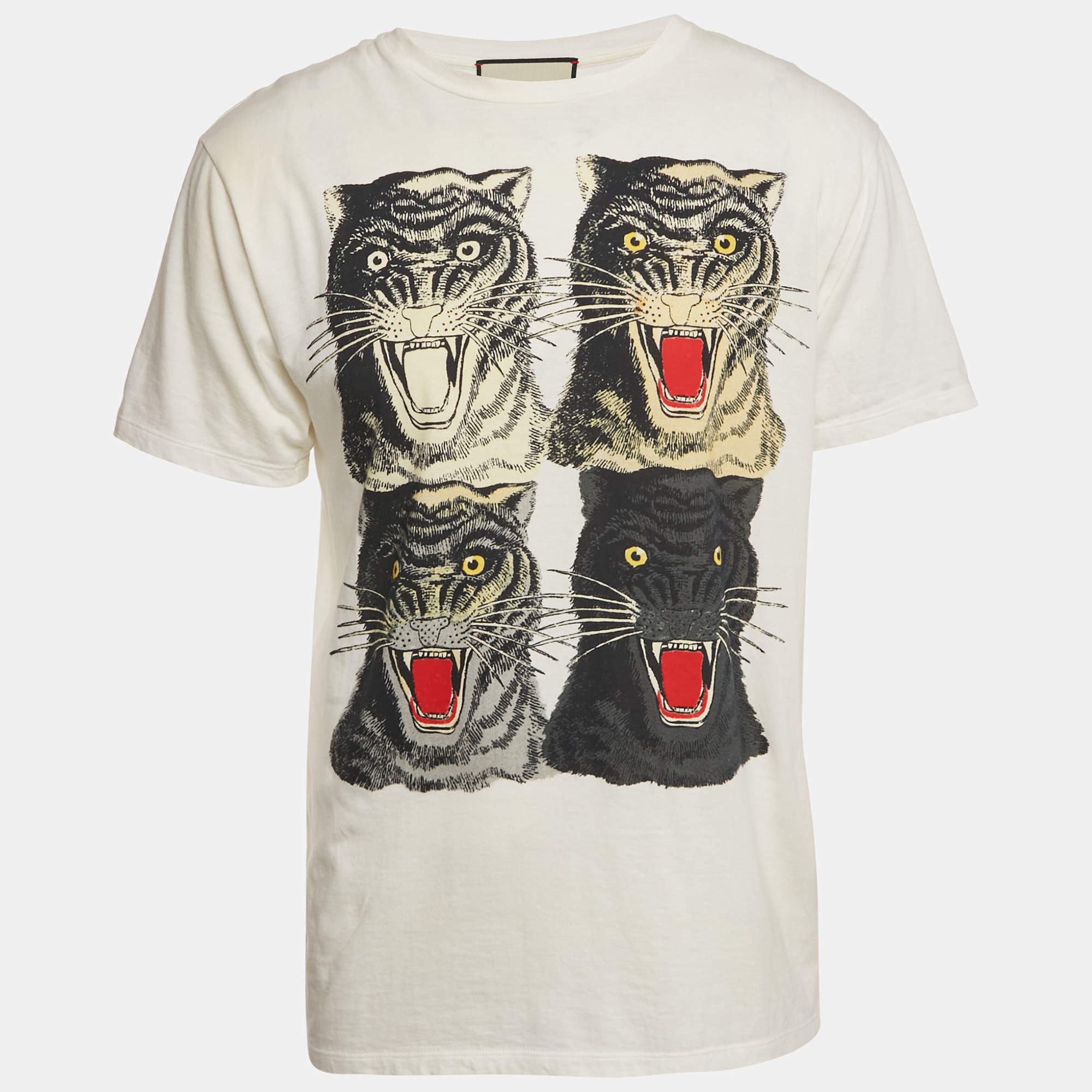 Pre Owned Gucci White Tiger Head Print Cotton T-Shirt S