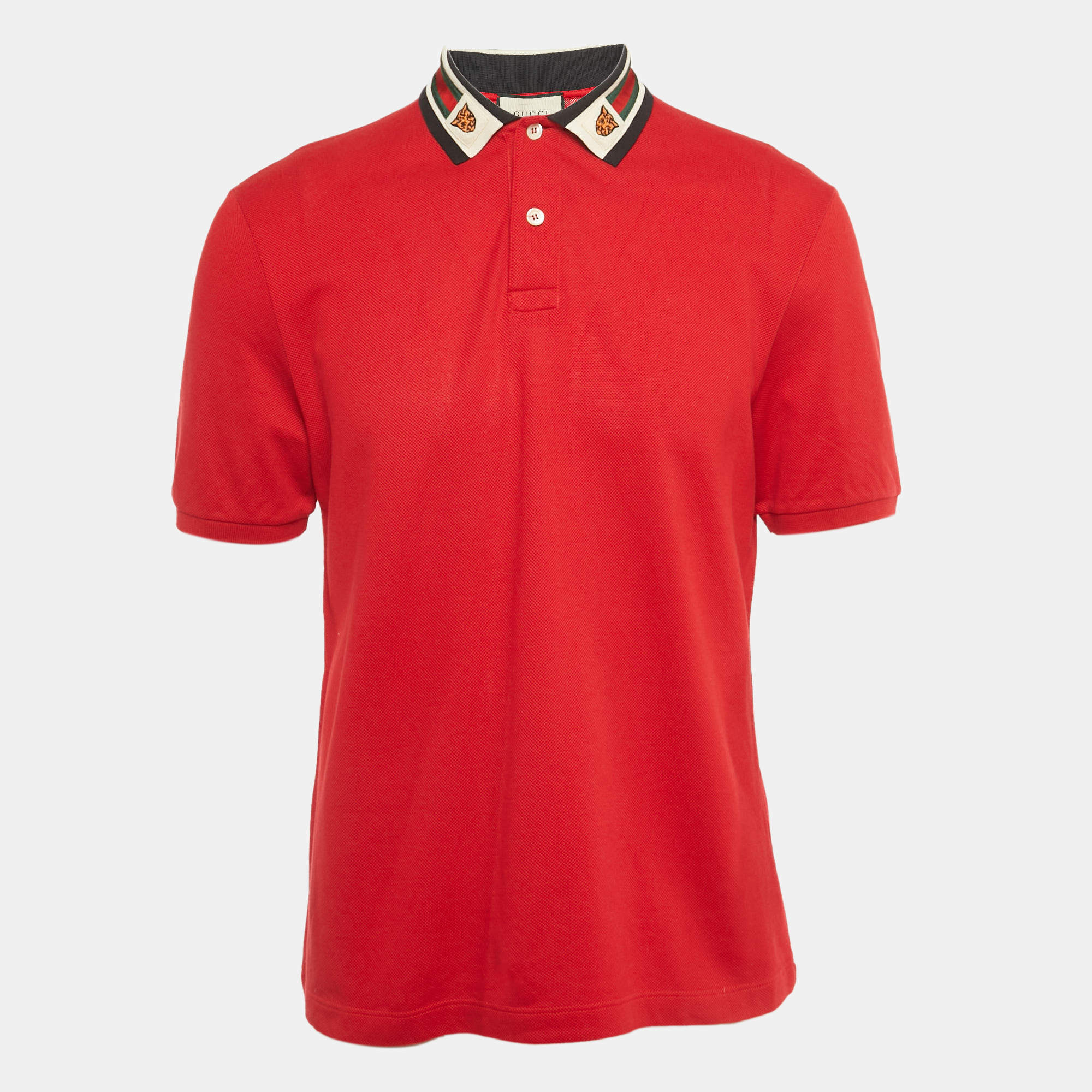 Pre Owned Gucci Red Pique Web Collar Polo T-Shirt L