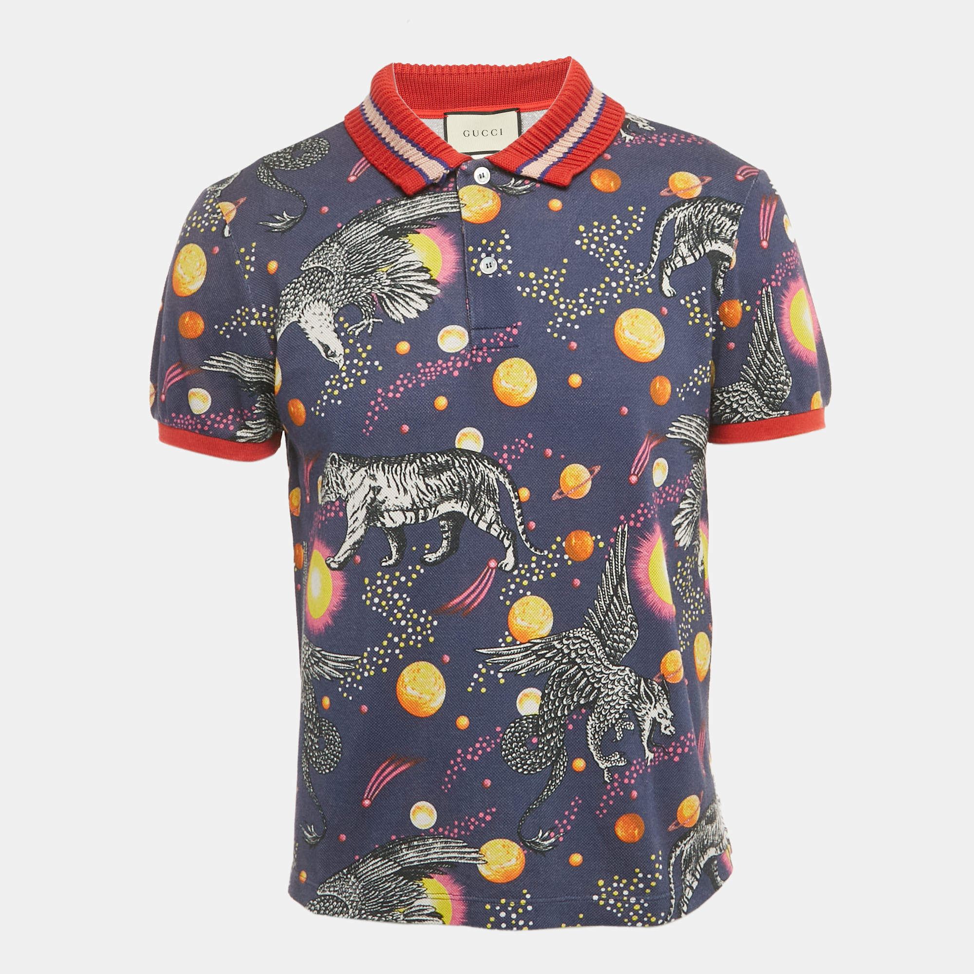 Pre Owned Gucci Blue Space Print Pique Rib Collar Polo T-Shirt M
