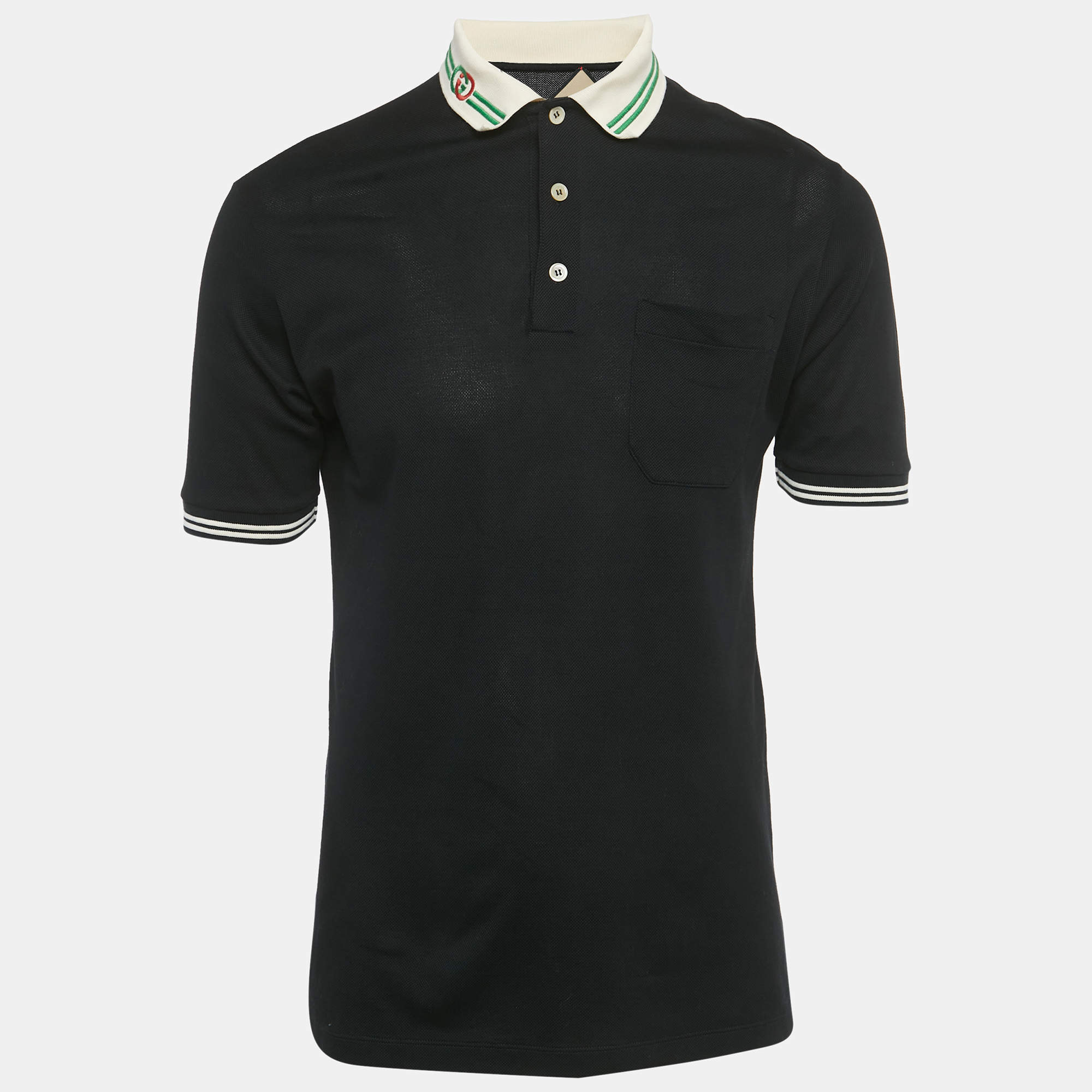 Pre Owned Gucci Black Pique Web Collar Polo T-Shirt M