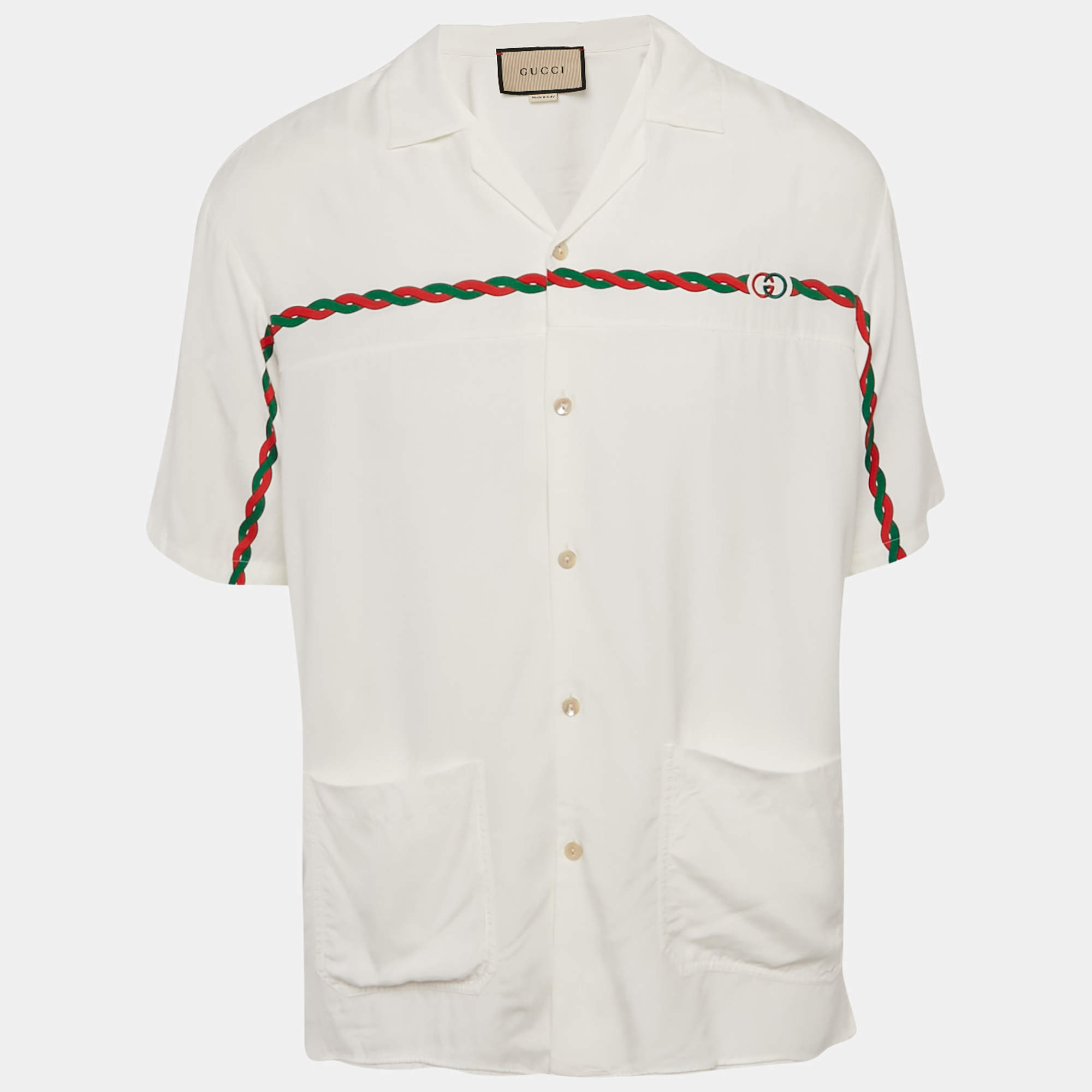 Pre Owned Gucci White Printed Crepe Bowling Shirt L