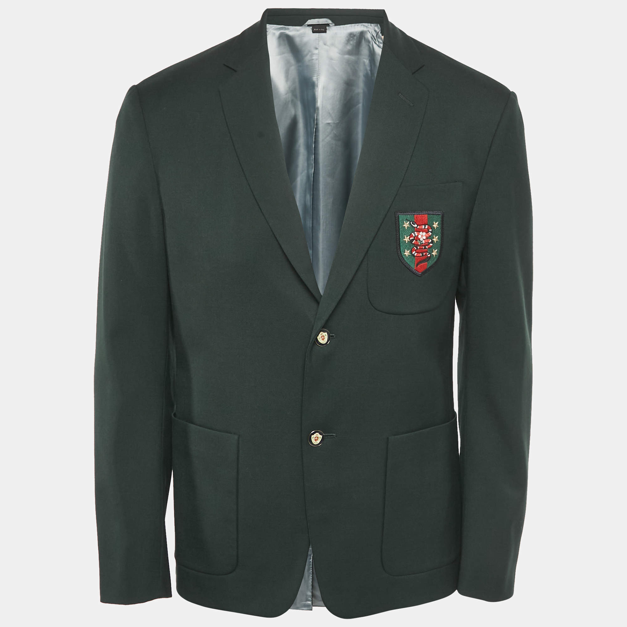 Pre Owned Gucci Green Snake Embroidered Crepe Wool Single Breasted Blazer M