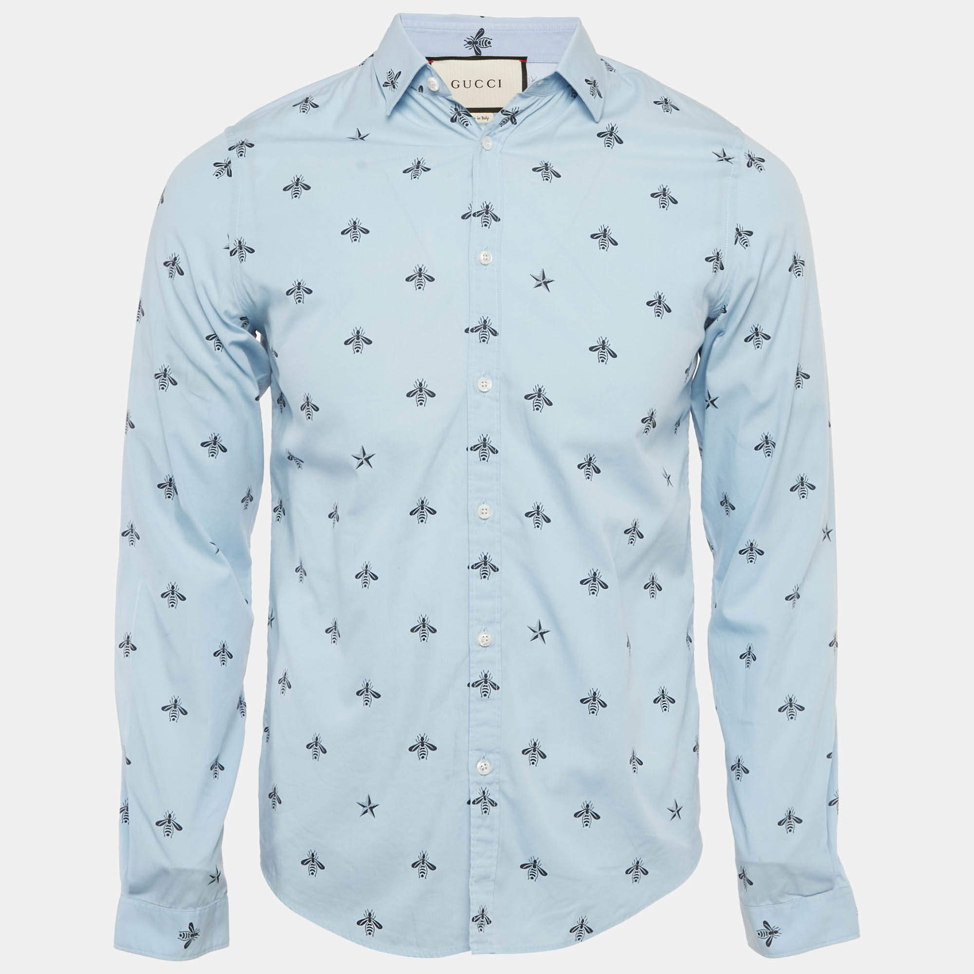 Pre Owned Gucci Blue Bee Print Cotton Duke Shirt XS