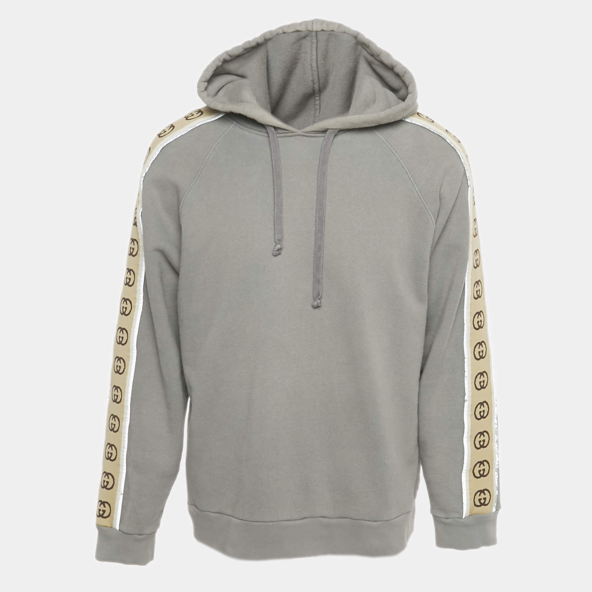 Pre Owned Gucci Grey GG Band Trim Cotton Hoodie L