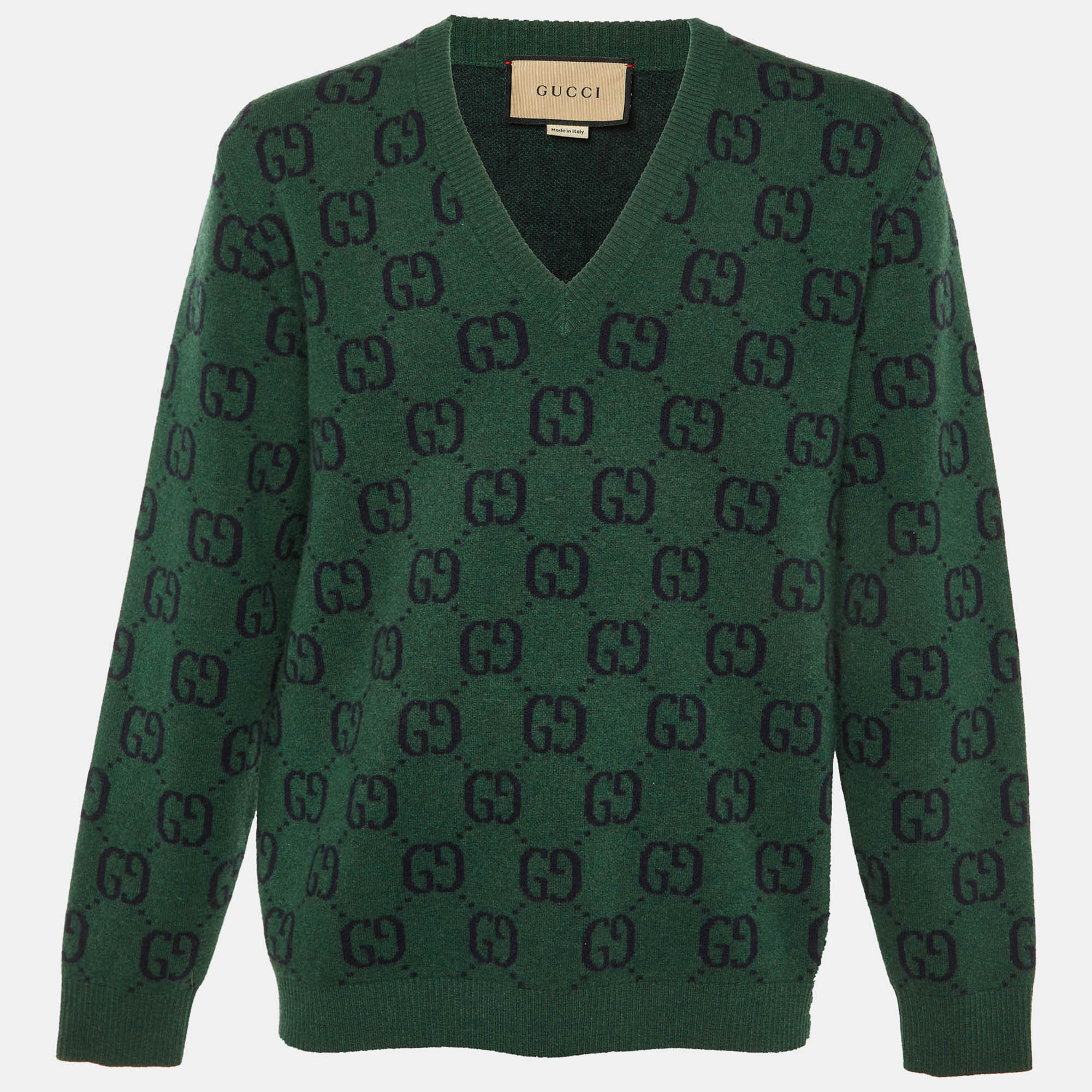Pre Owned Gucci Green GG Web Intarsia Wool V-Neck Sweater M