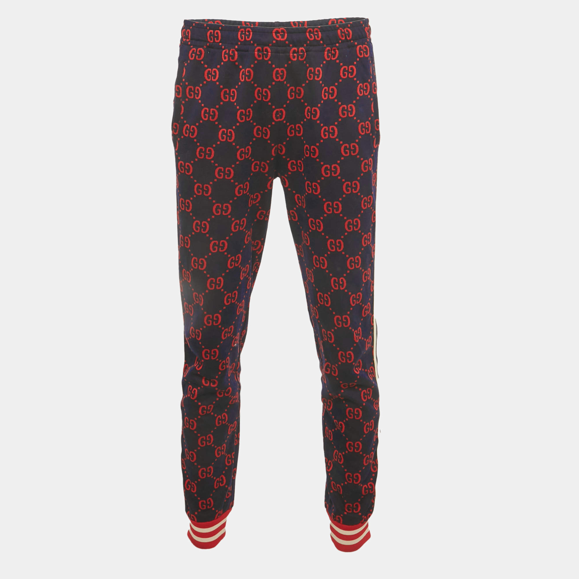 Pre Owned Gucci Navy Blue/Red GG Jacquard Knit Joggers L