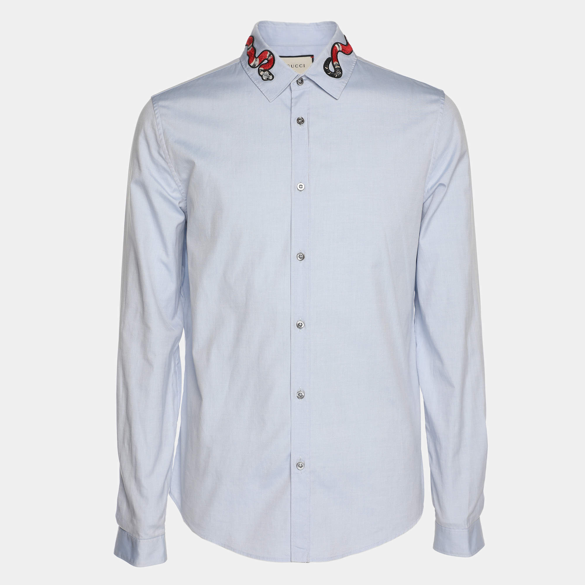 Pre Owned قميص غوتشي "دوك" بيّاقة مطرزة ثعبان قطن أزرق مقاس متوسط (ميديوم)