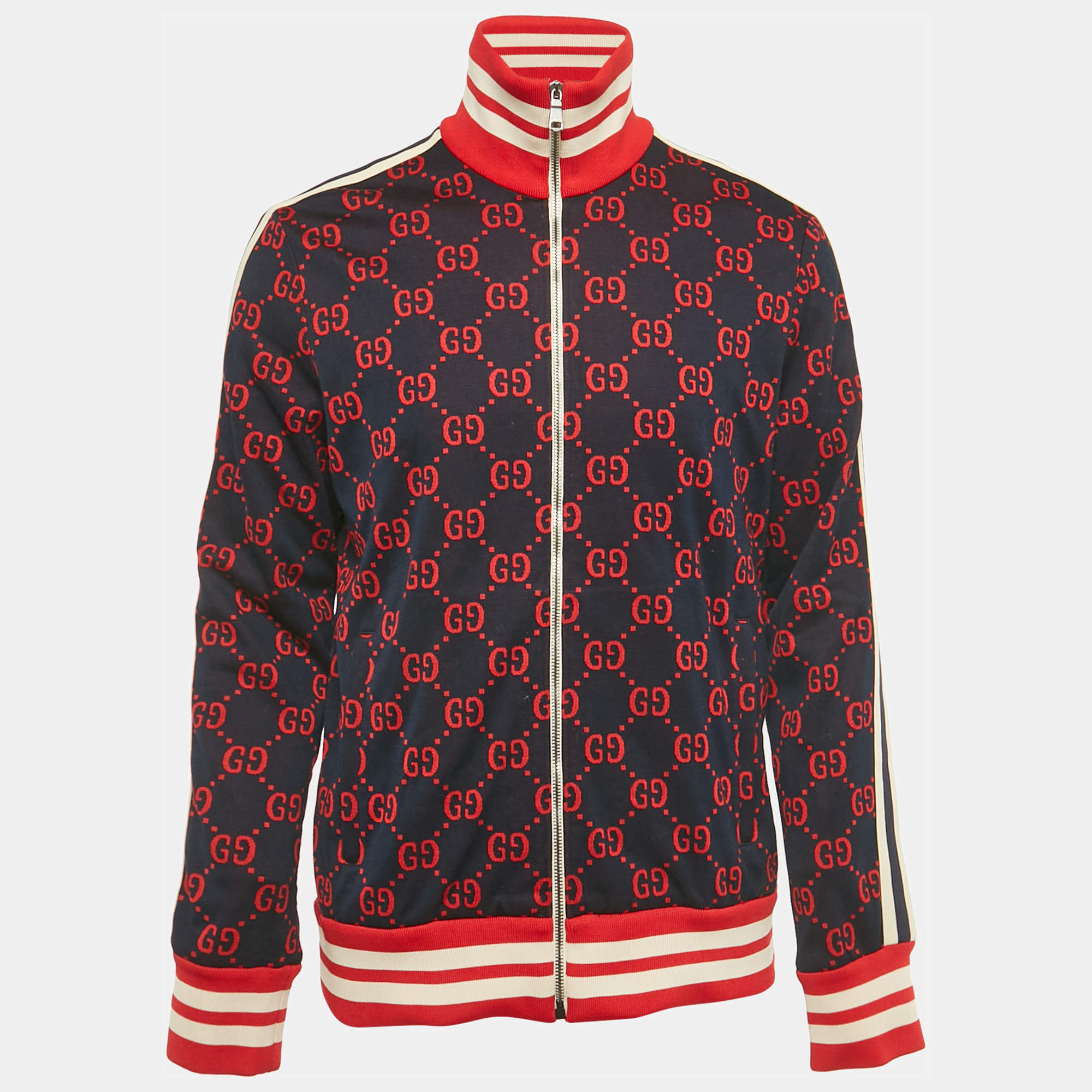 مملوكة مسبقًا Gucci Navy Blue GG Jacquard Cotton Knit Zip-Up Jacket XL