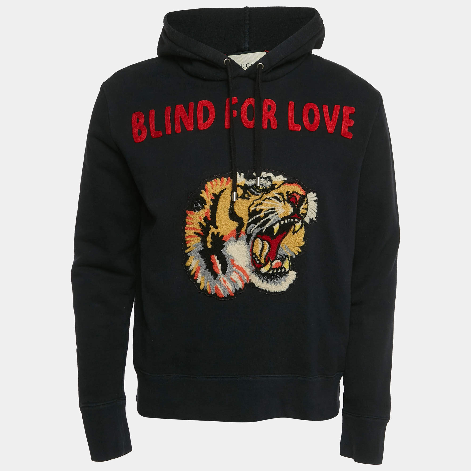 Pre Owned Gucci Black Embroidered Blind For Love Cotton Tiger Patch Hoodie M