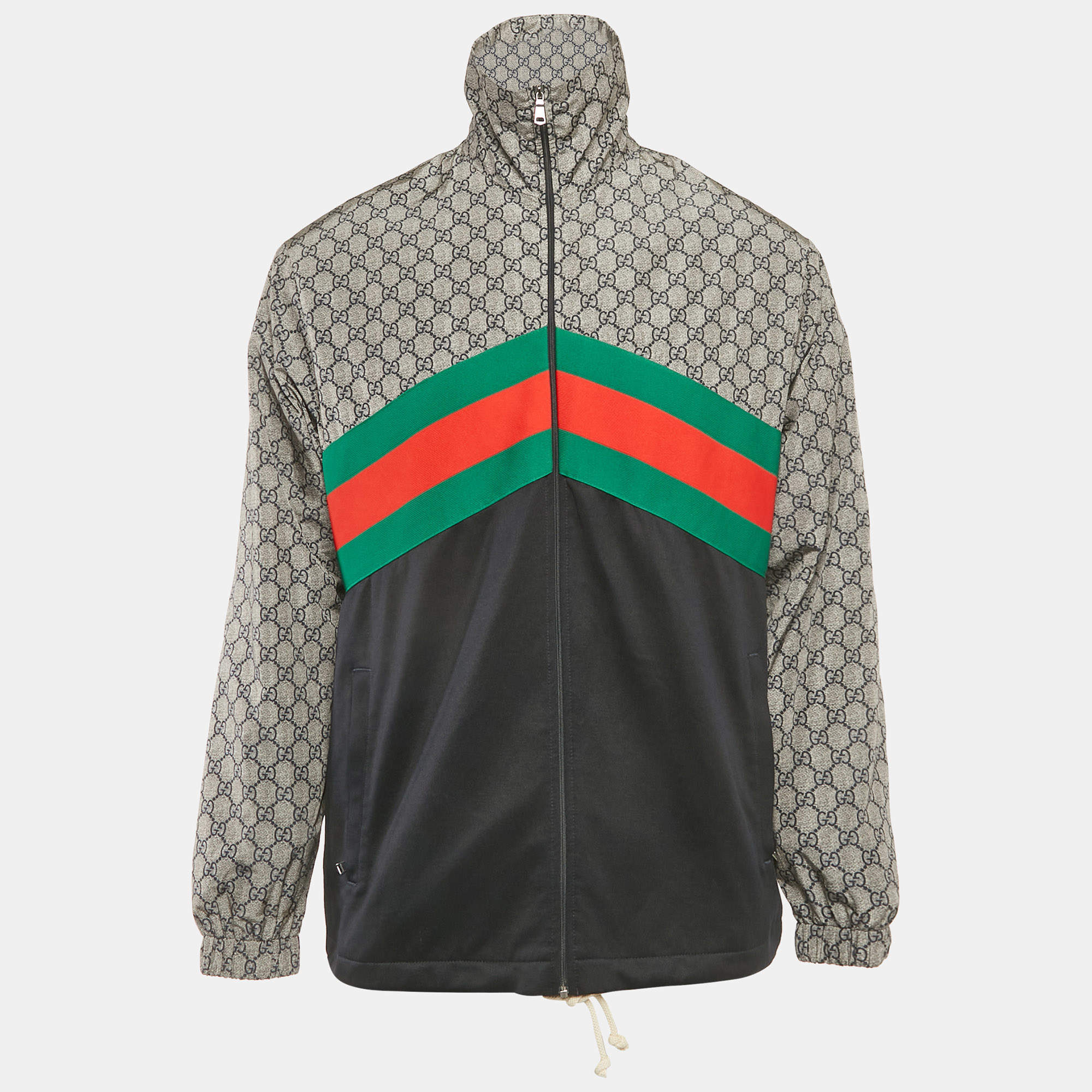 Pre Owned Gucci Blue GG Print Nylon and Jersey Web Trim Jacket XS