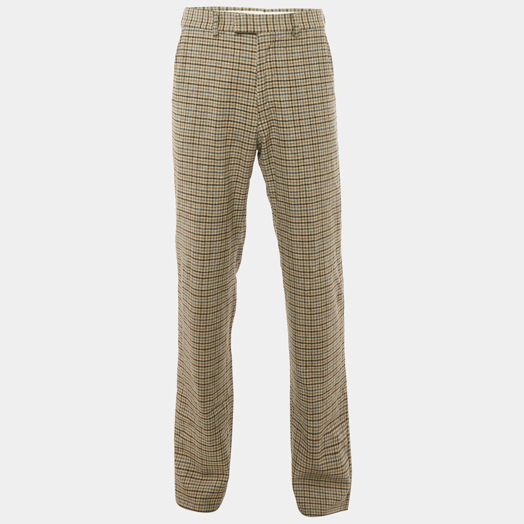 Pre Owned Gucci Brown Checks Wool Straight Leg Trousers M