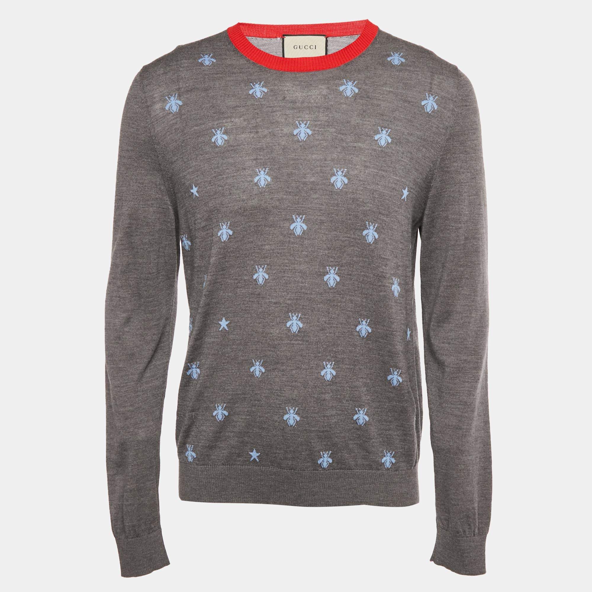 Pre Owned Gucci Grey Bee Intarsia Wool Knit Crew Neck Sweater XL