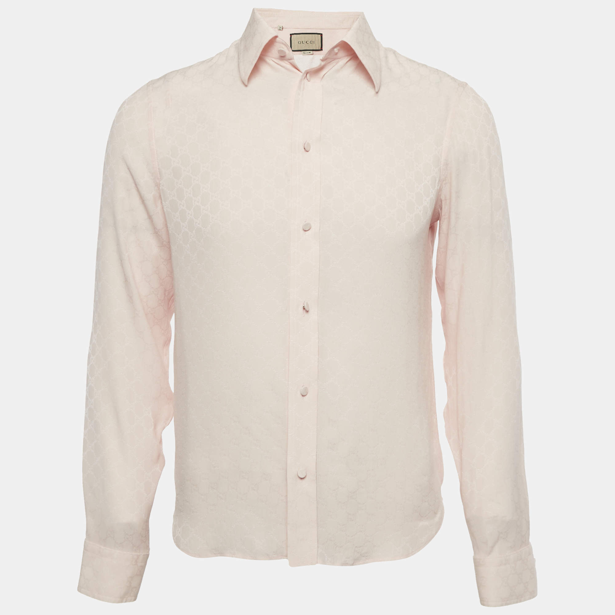 Pre Owned Gucci Pink GG Jacquard Silk Long Sleeve Shirt M