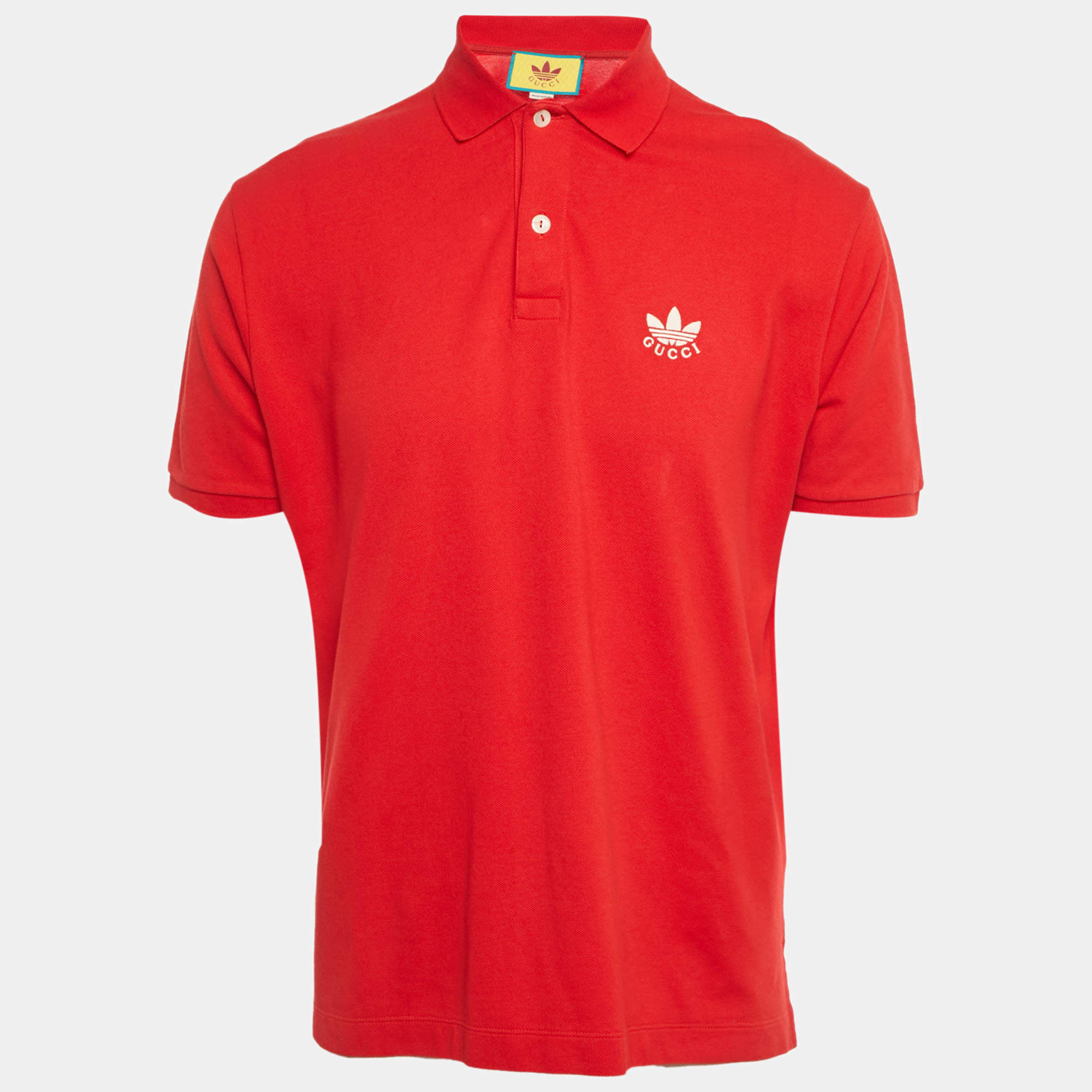 Pre Owned Gucci x Adidas Red Cotton Pique Polo T-Shirt L