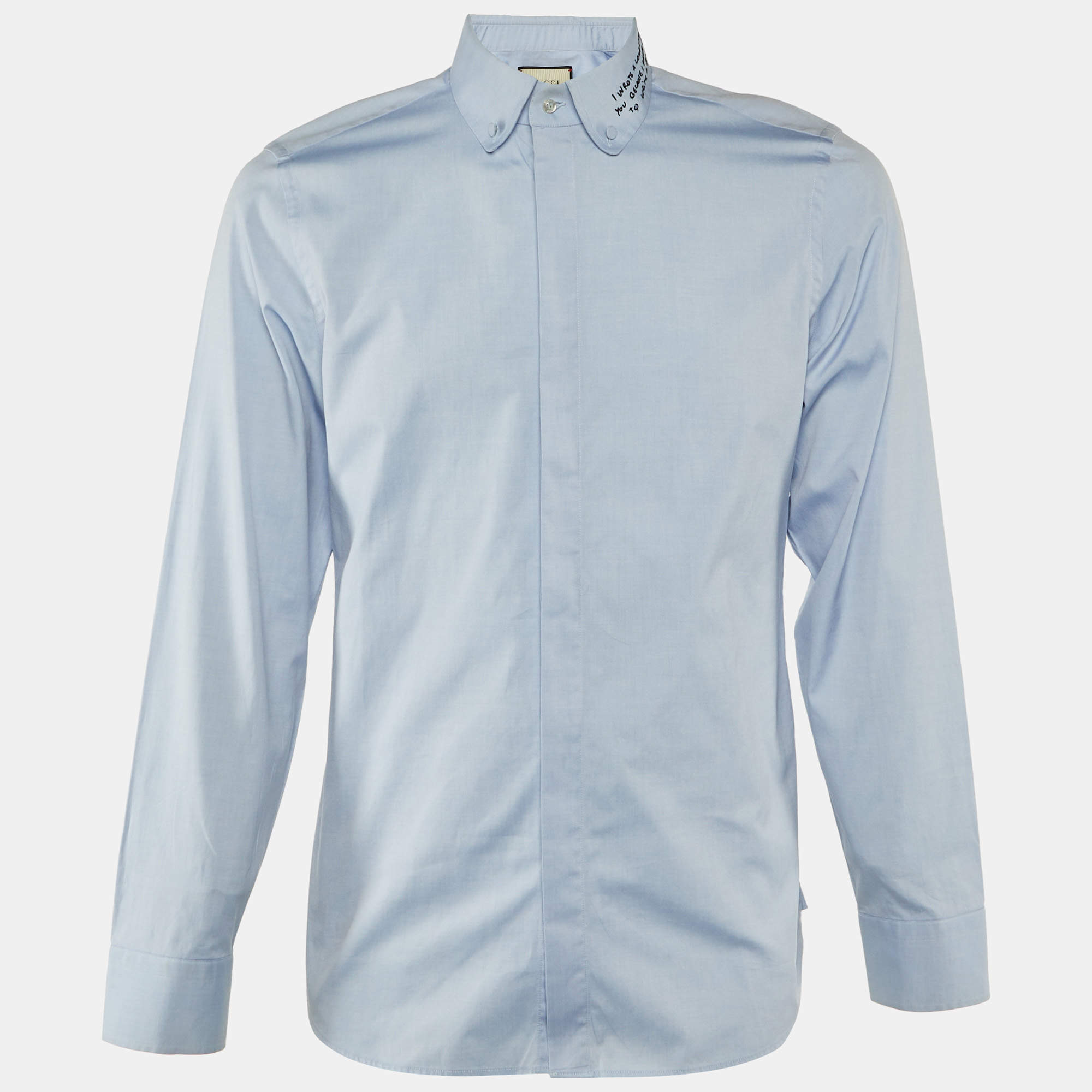 Pre Owned Gucci Blue Chambray Cotton Embroidered Collar Button Down Shirt M