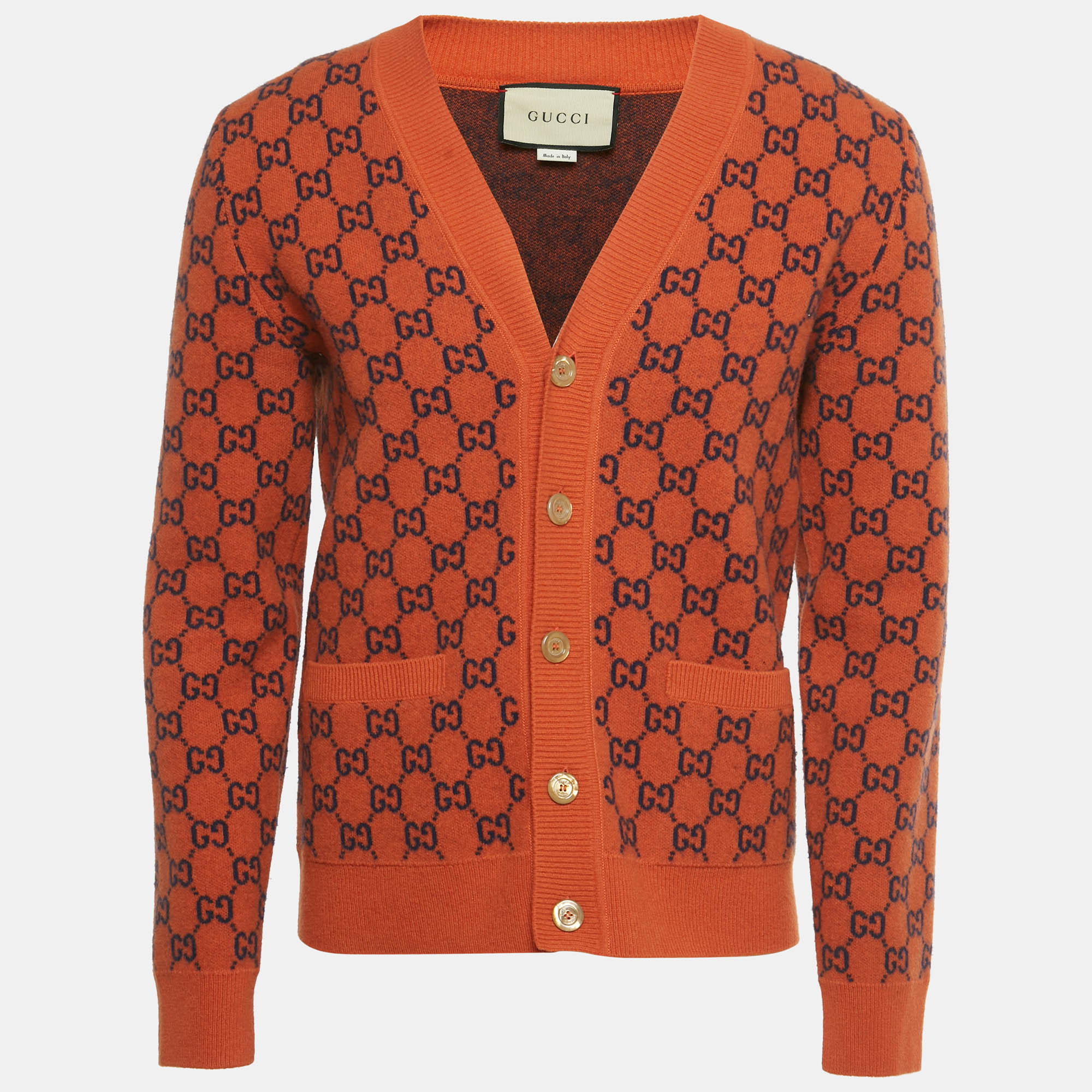 Pre Owned Gucci Orange GG Jacquard Wool Cardigan S