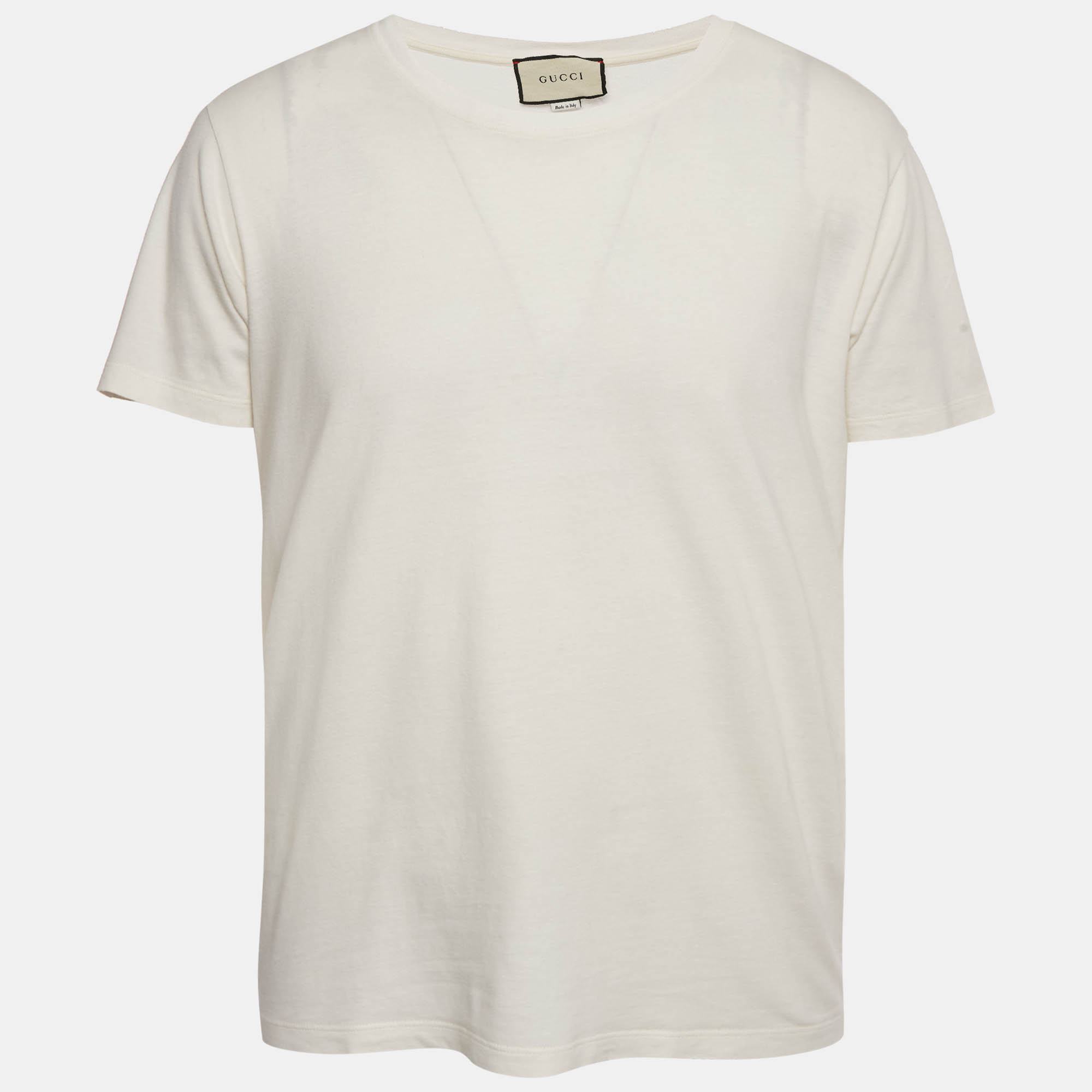 Pre Owned Gucci Cream Logo Print Jersey Distressed T-Shirt S