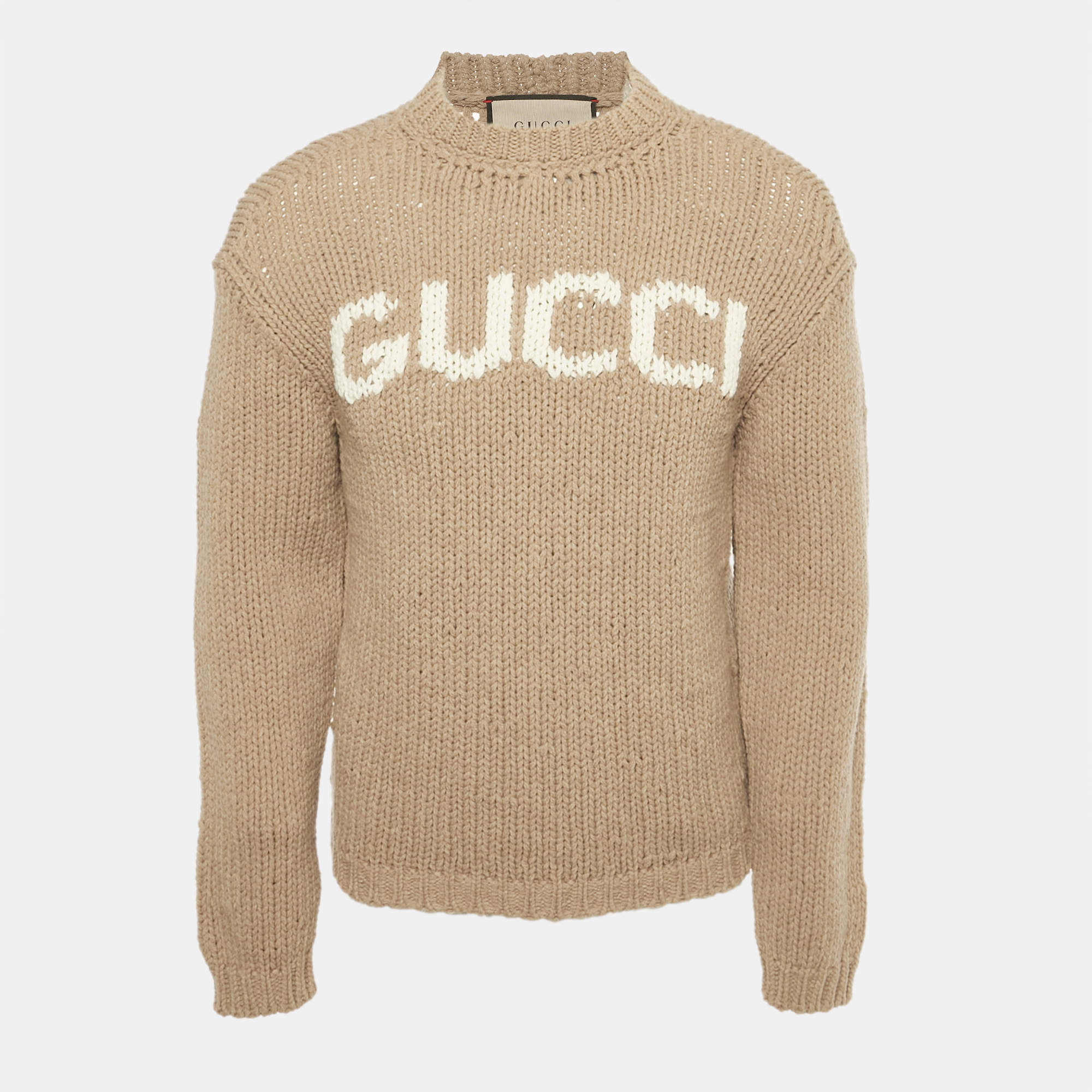 Pre Owned Gucci Beige Logo Intarsia Wool Jumper XS