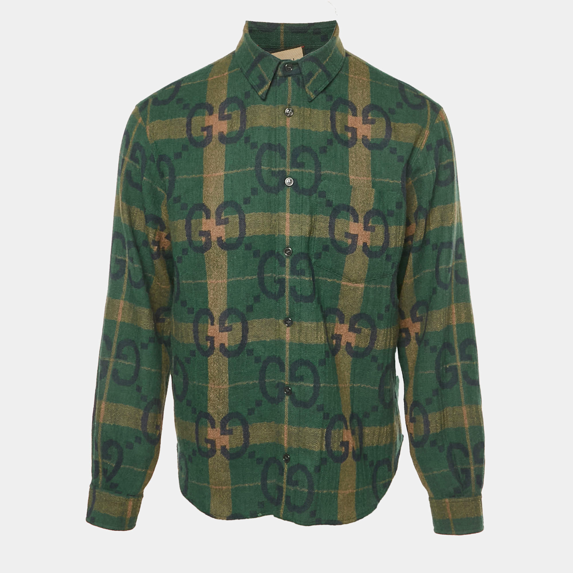 Pre Owned Gucci Green/Blue Jumbo GG Wool Long Sleeve Shirt S
