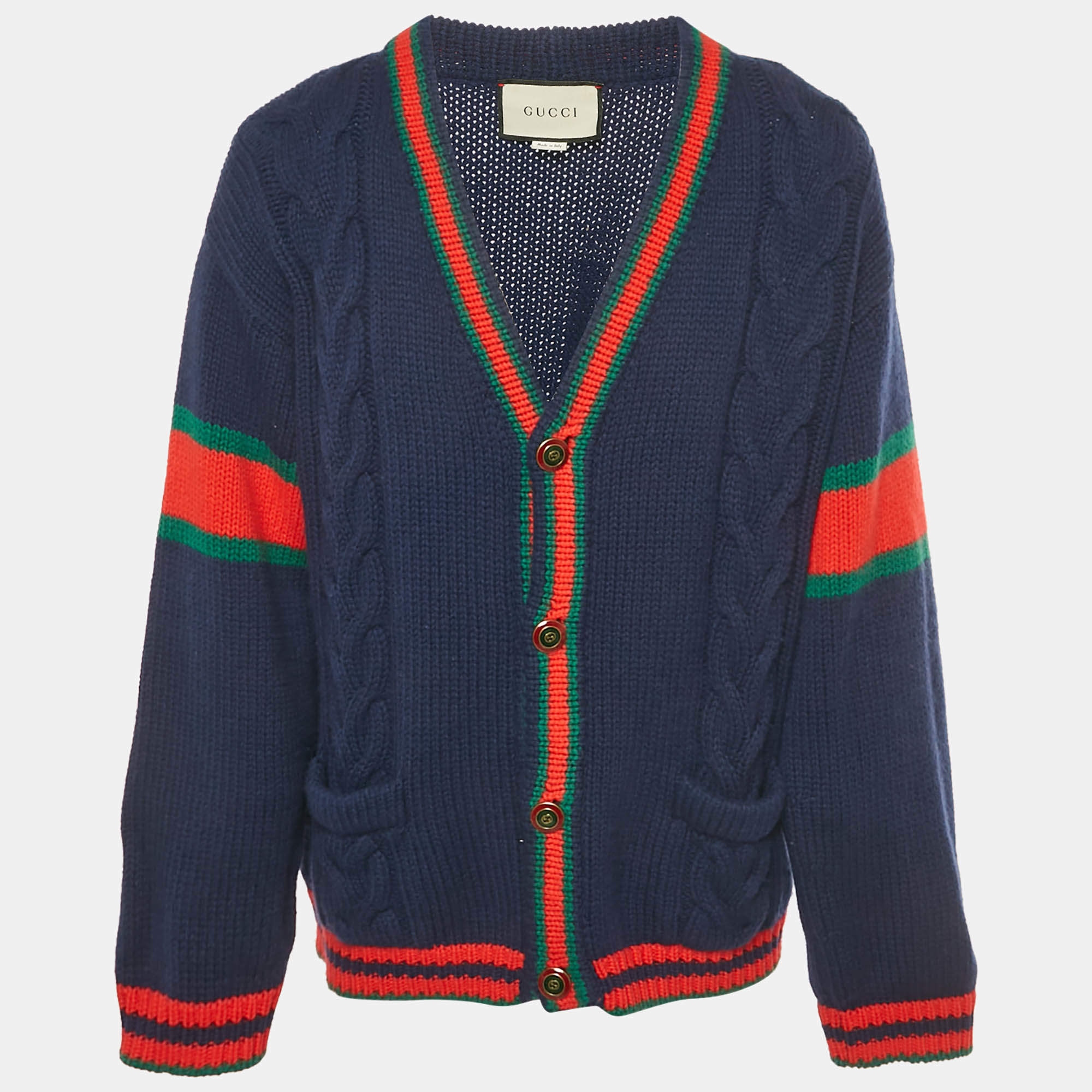 Pre Owned Gucci Navy Blue Web Intarsia Cable Knit Cardigan XL